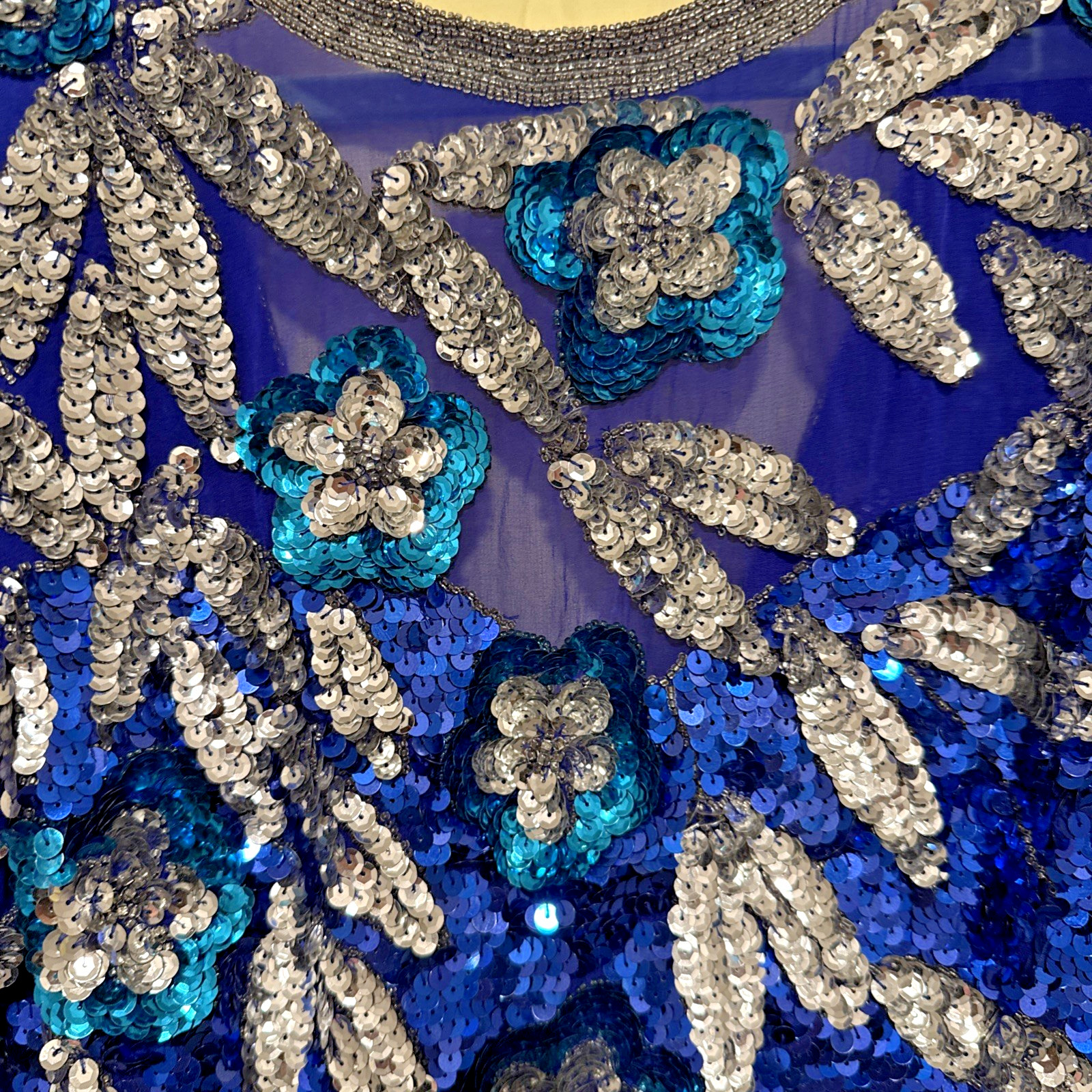Vintage Cobalt Blue Silk Silver Sequined Evening Gown By Nite Line Size 8