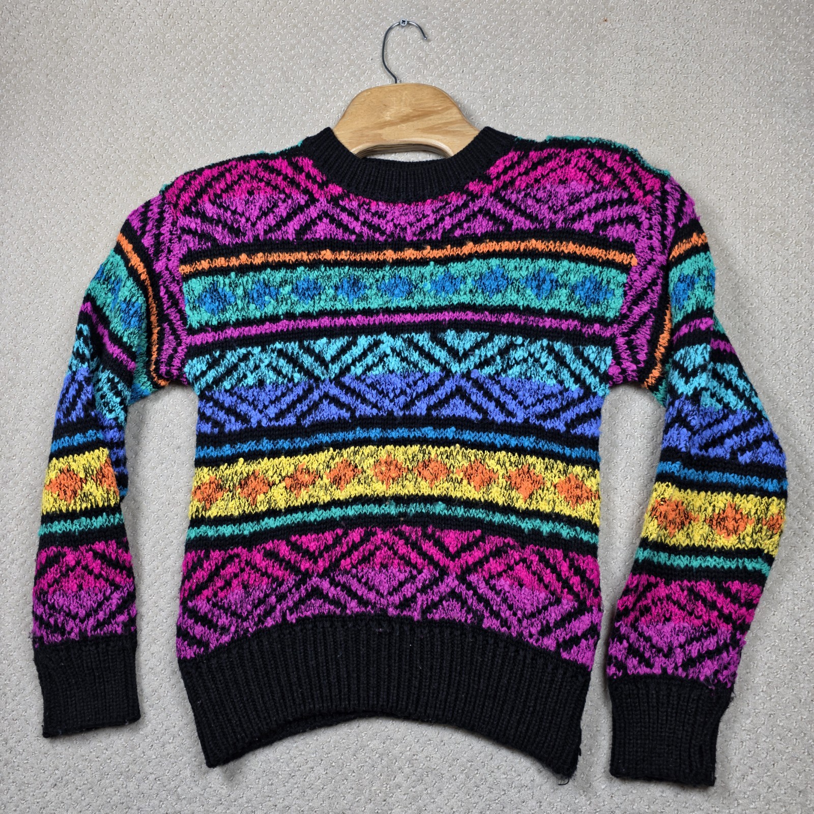 VTG 80s Cristina Sweater Women M Black Neon Aztec Cosby Chunky Knit Shoulder Pad