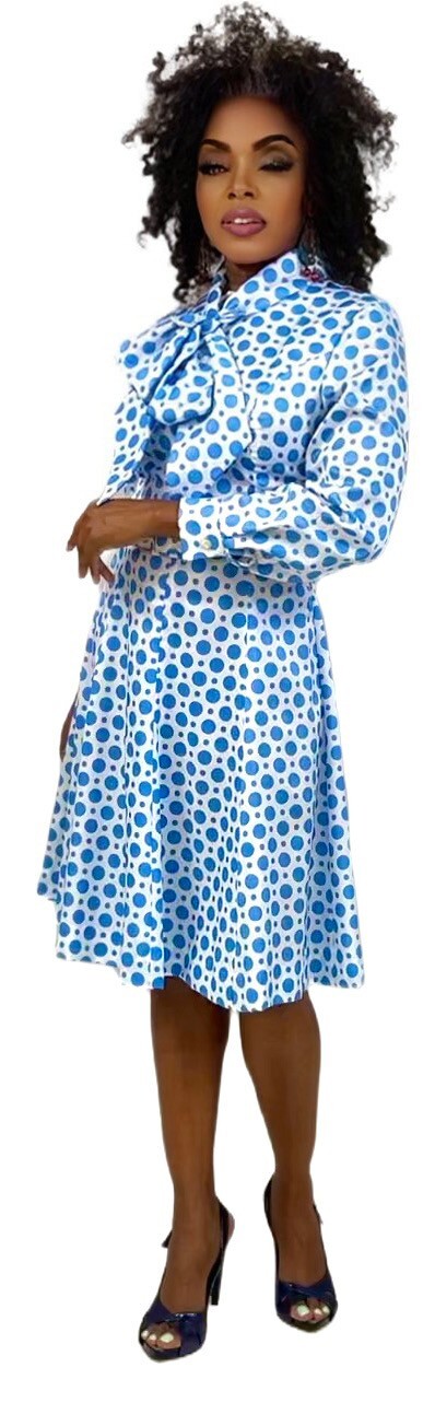 Ivan Fredericks VTG 70s Blue White Polka Dot Pussy Bow Dress Secretary Mad Men S