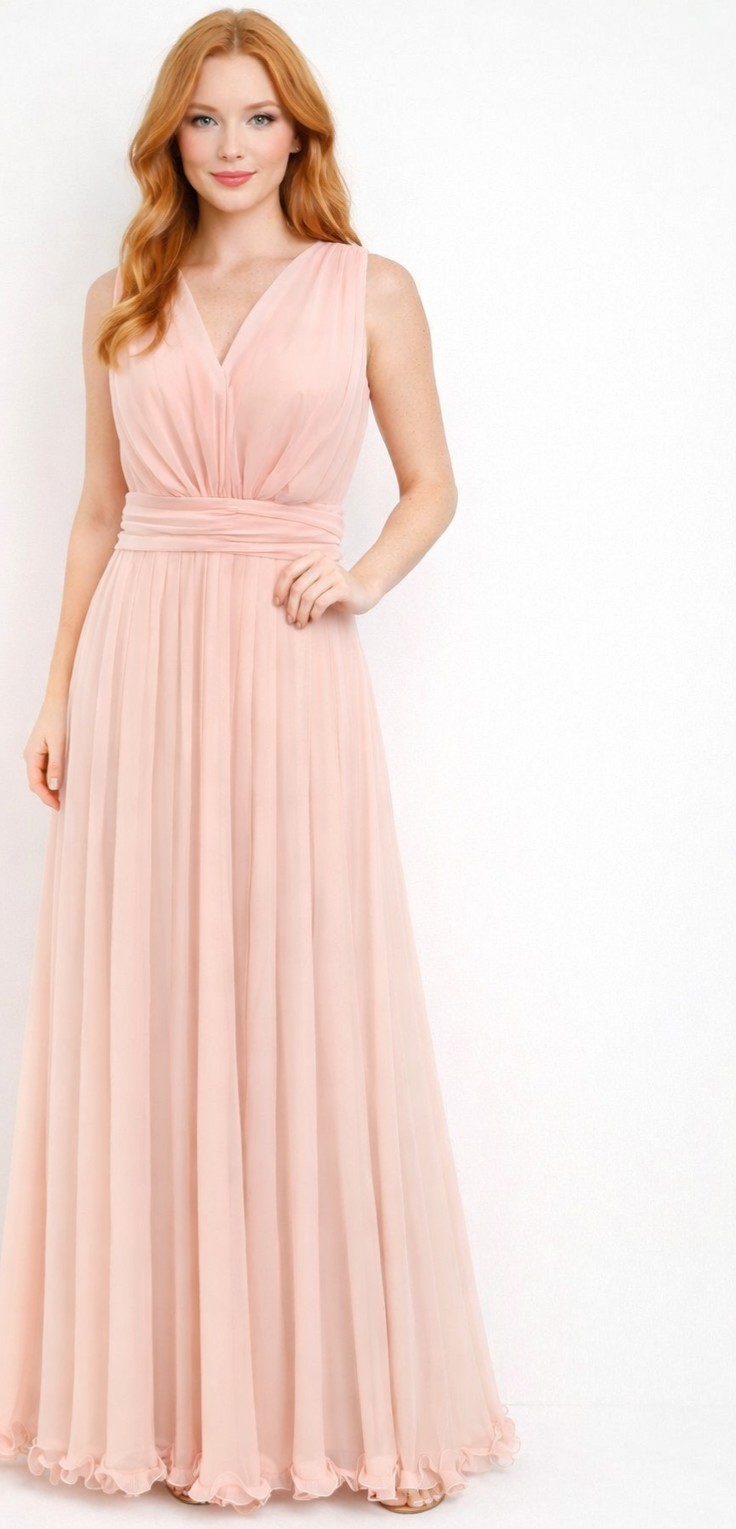 VTG 70s SHEER CHIFFON 2 PIECE PLEATED MAXI DRESS Peach Pink SZ 18 CAPE Grecian