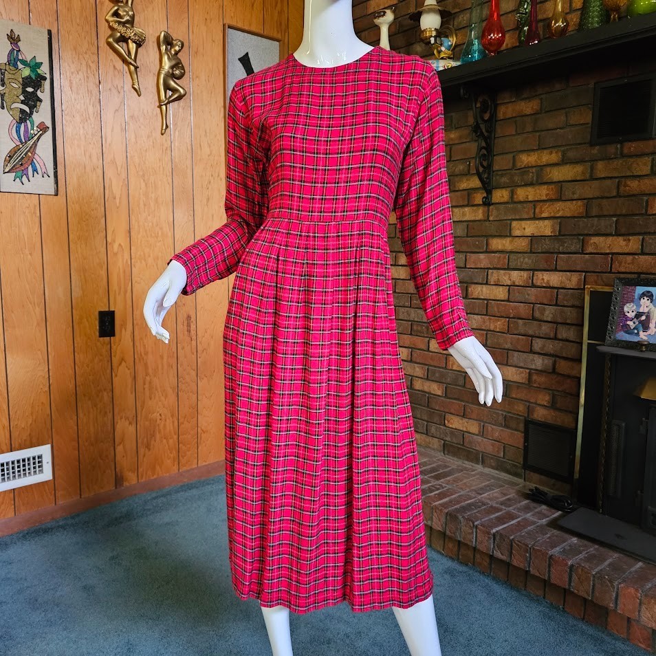 Vintage 90s British Preppy Punk Grunge Holiday Red Plaid Midi Tie Back Dress M/L