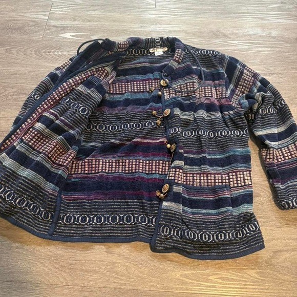 Vintage 90s Dressbarn Woven Boho Chore Jacket Medium Sun Wood Toggle Buttons