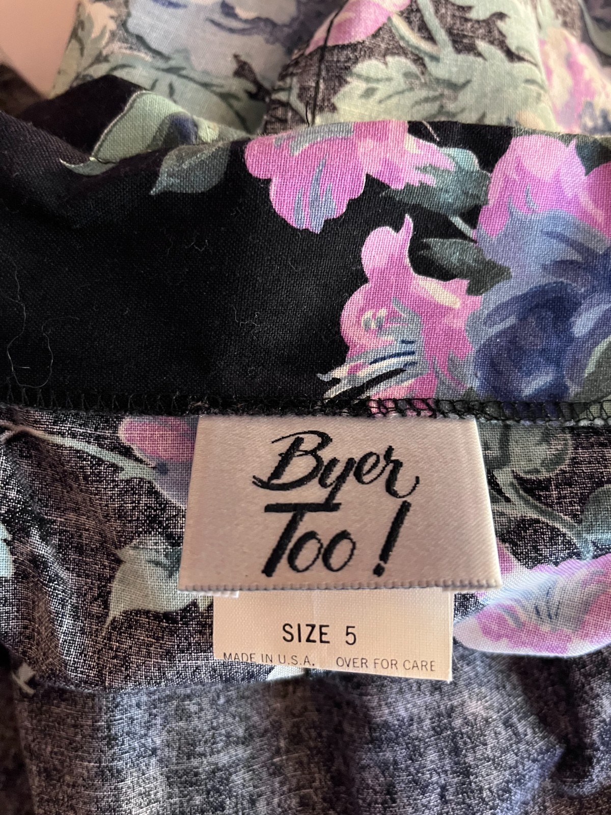Vintage 1980s Byer Too! Size 5 Black Floral Tea Dress Off-the-Shoulder V-Waist