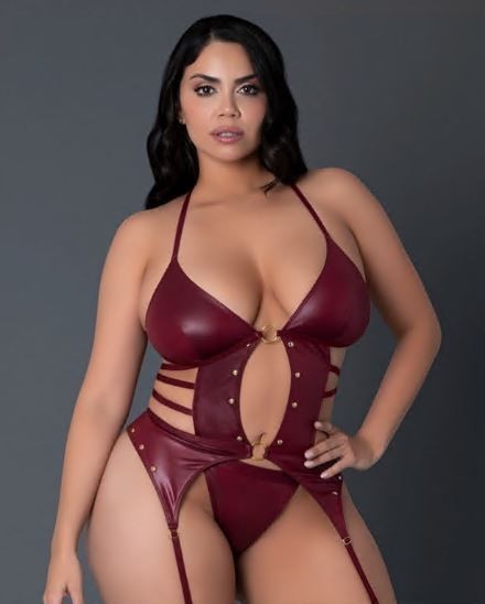 Kira Basque Adjustable Straps and Attached Leg Lingerie Set 2/X Burgundy, New