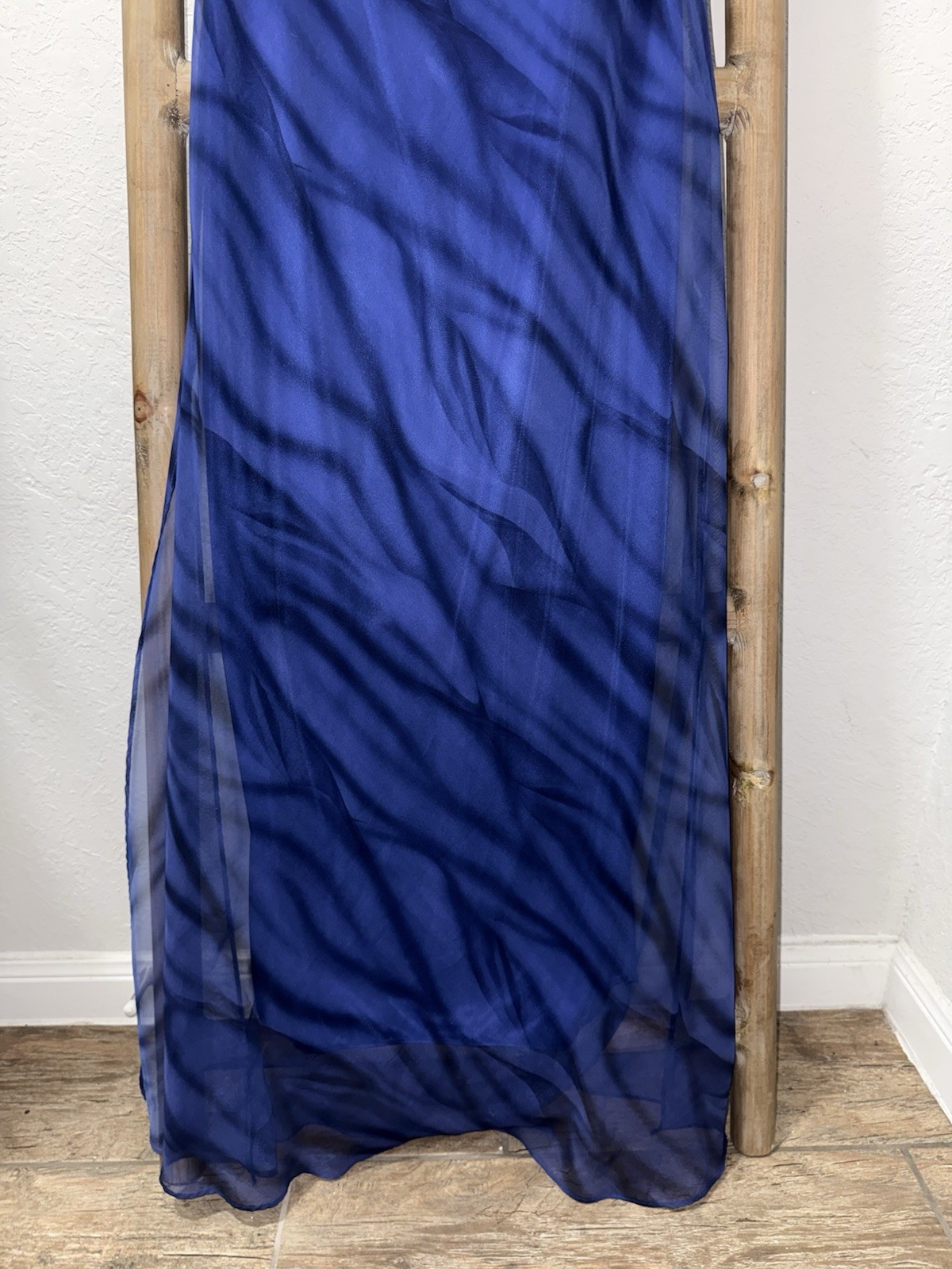 Vintage Y2K Niki Livas Tiger Mesh Maxi Dress Blue Slit Lace Up Back Size 10