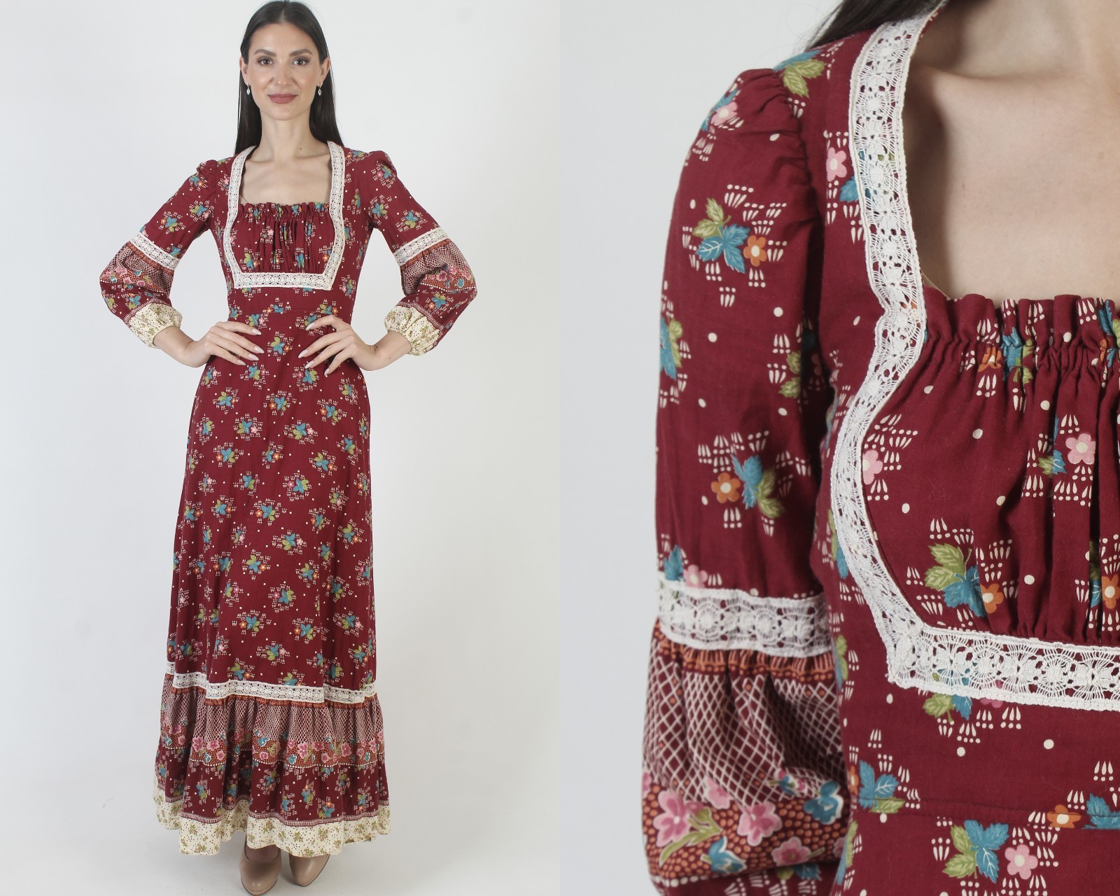 Vtg 70s This Is Your Prairie Dress San Francisco Hippy Calico Cottage Peasant