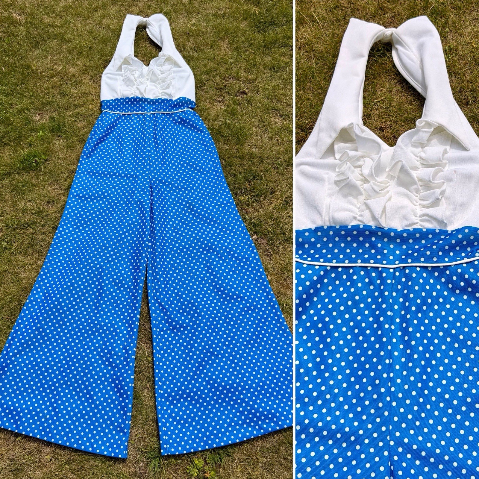 1960s 1970s BELL BOTTOM JUMPSUIT Vintage Romper Polka Dot Tuxedo Halter Blue