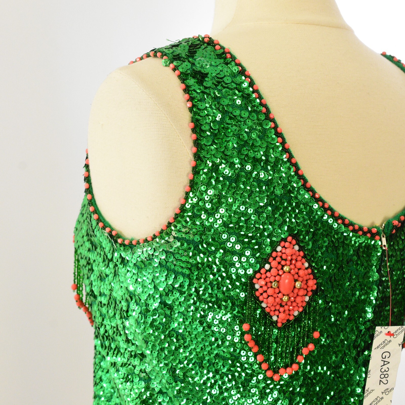 50s Vintage Beaded Sequin Wool Top Womens S Green Coral Rockabilly Cocktail Tank