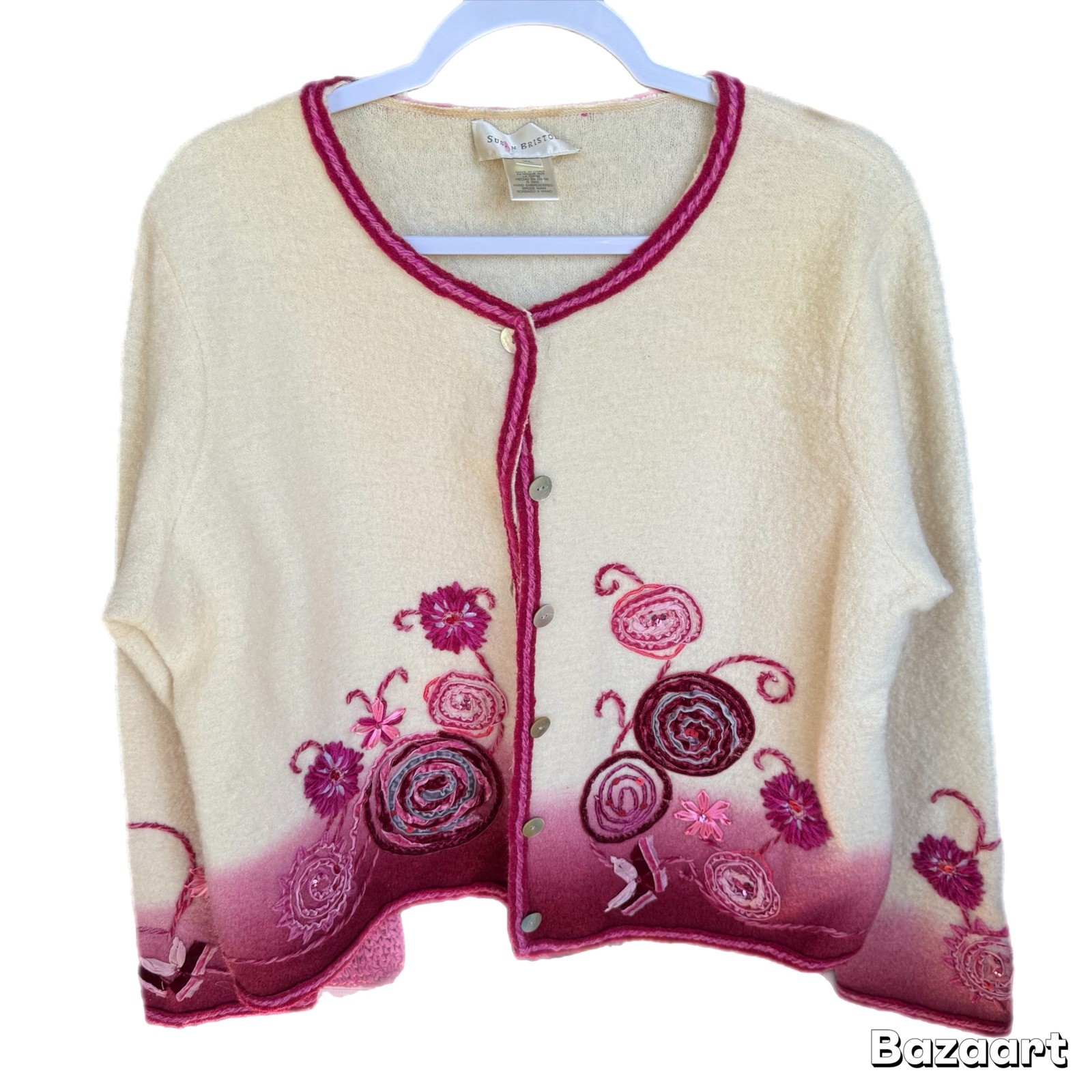 RARE Vintage Susan Bristol Wool Cardigan Sweater Blouse 3D floral sequin beaded