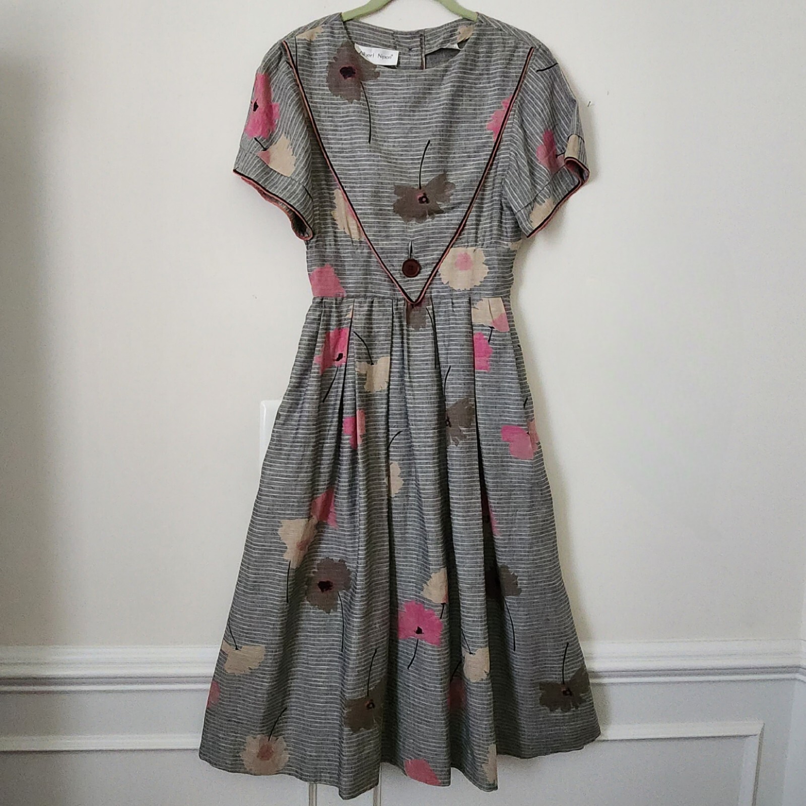Vintage Albert Nipon Linen Cotton Gray Striped Floral Prints Dress 4 Pockets