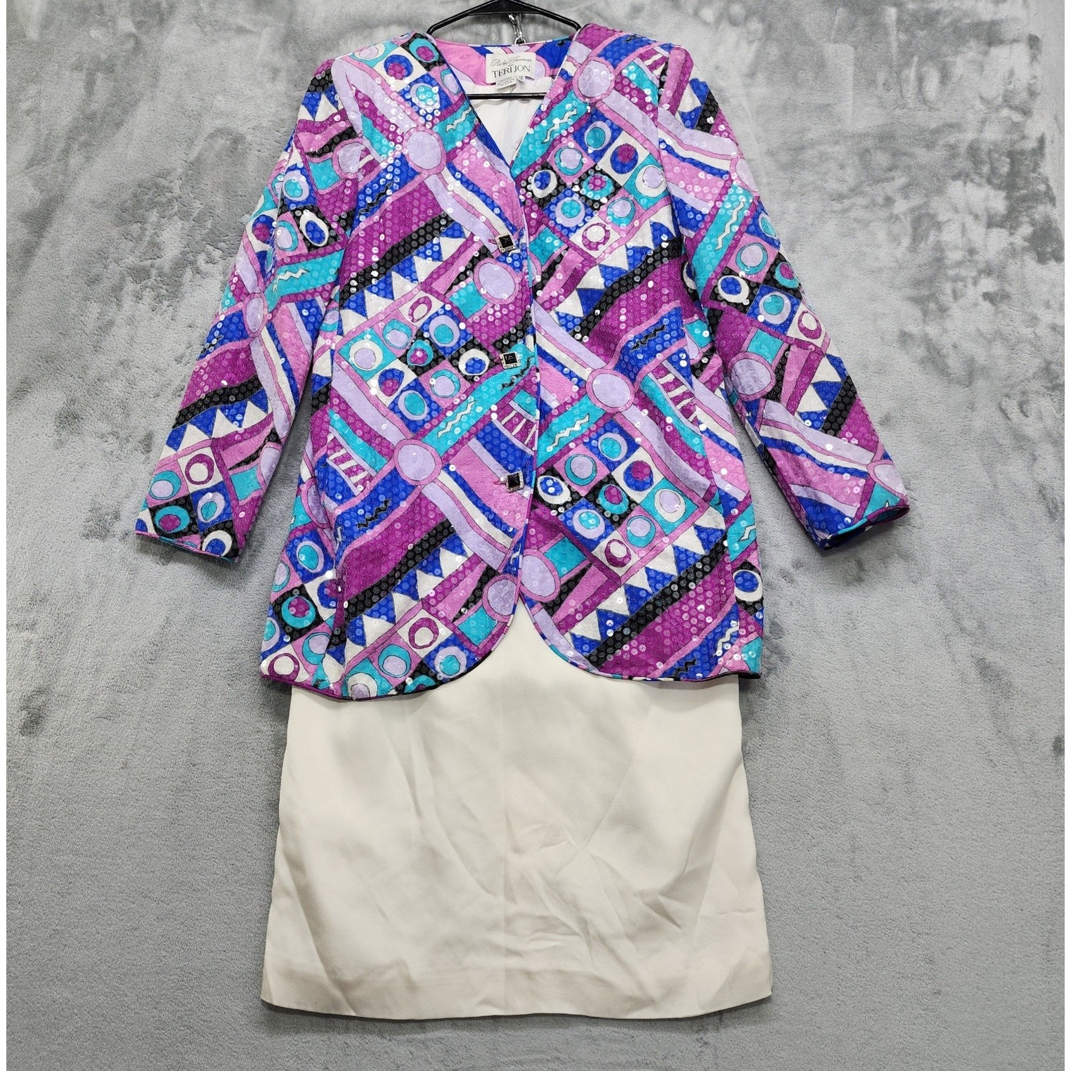 Vintage 80s Rickie Freeman Teri Jon Skirt Suit Size 12 Silk Sequin Jacket Pencil