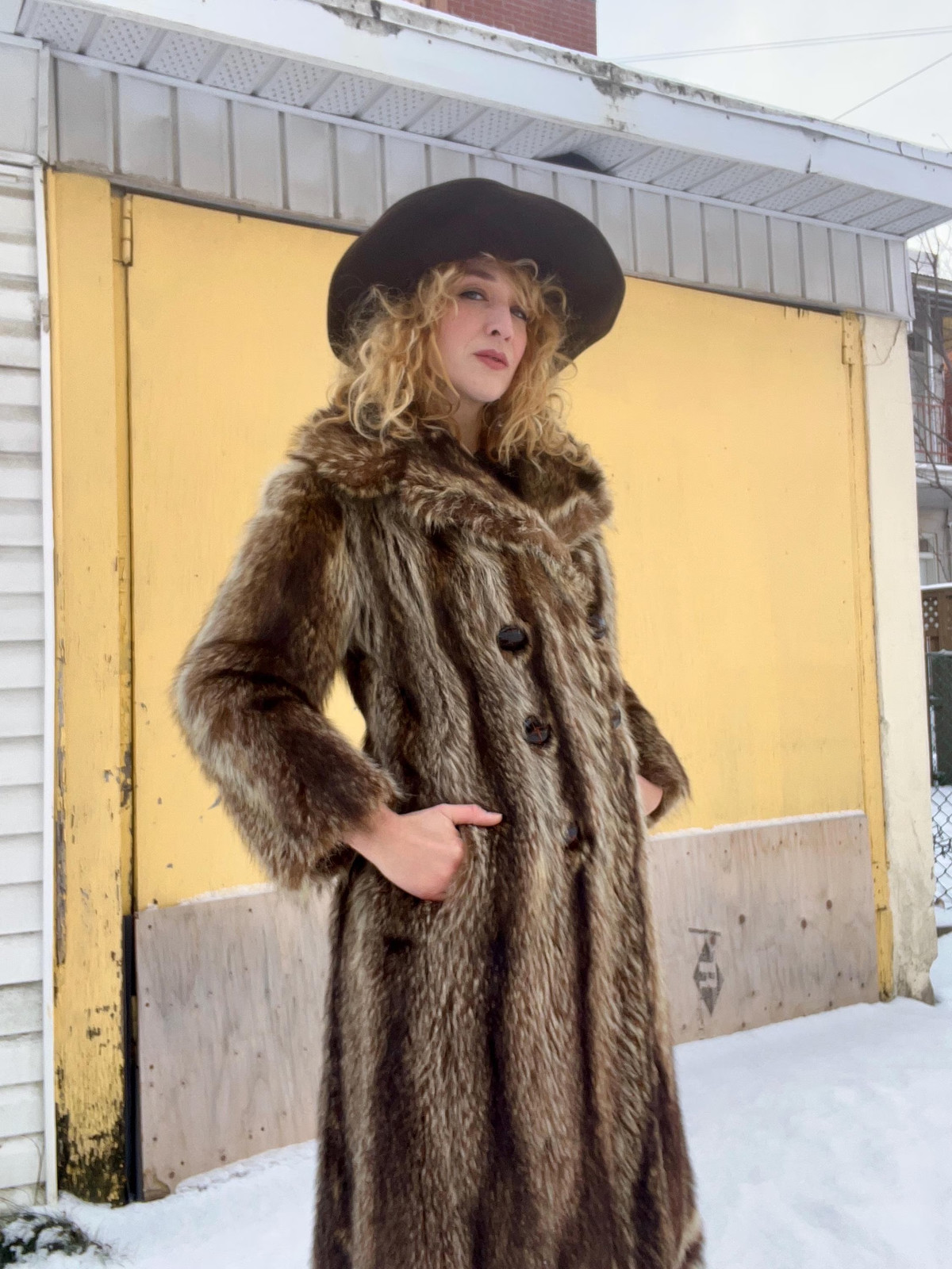 FULL LENGTH RACCOON Vintage 1970s Double Breasted Striped Racoon Fur Coat