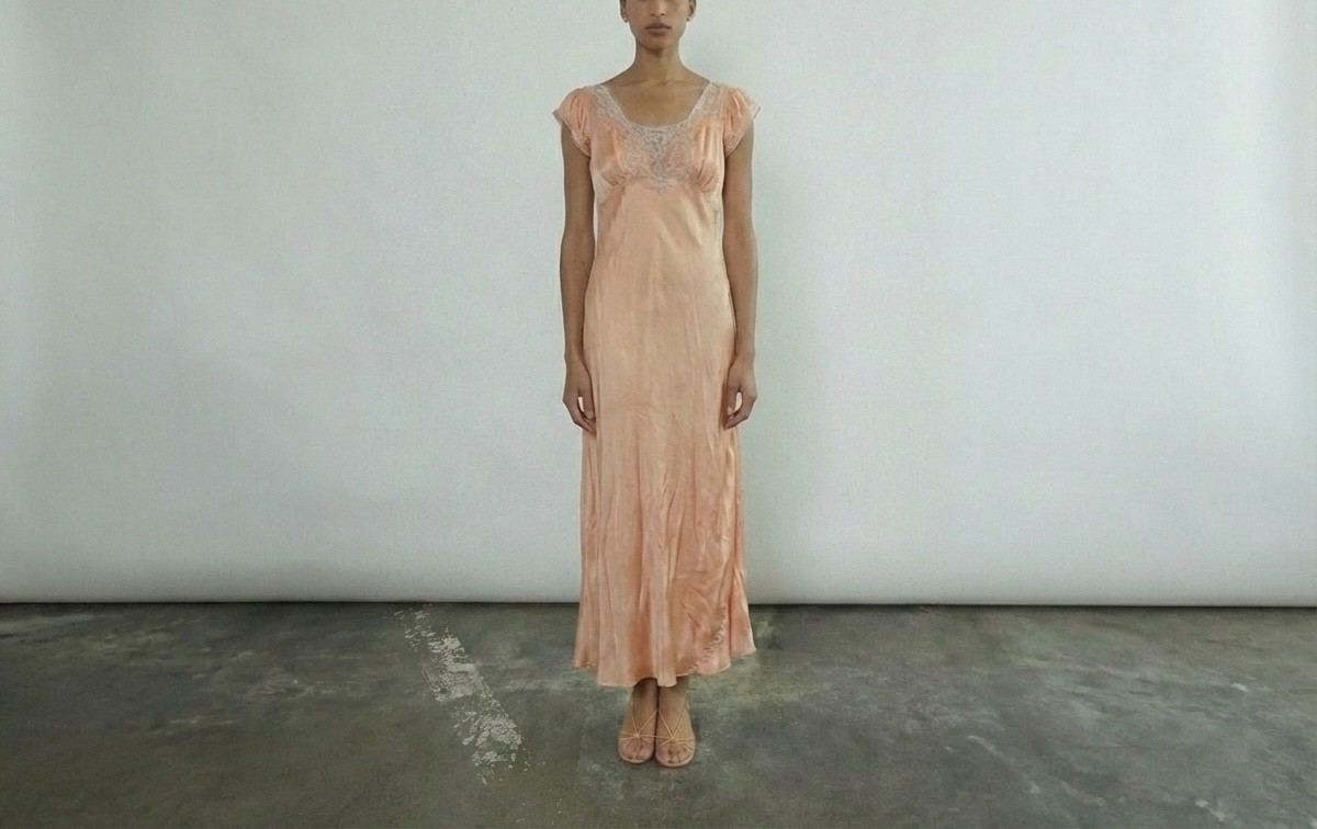 1930s Silk Lace Bias Cut Gown – Peach Blush Sheer Evening Dress Nightgown