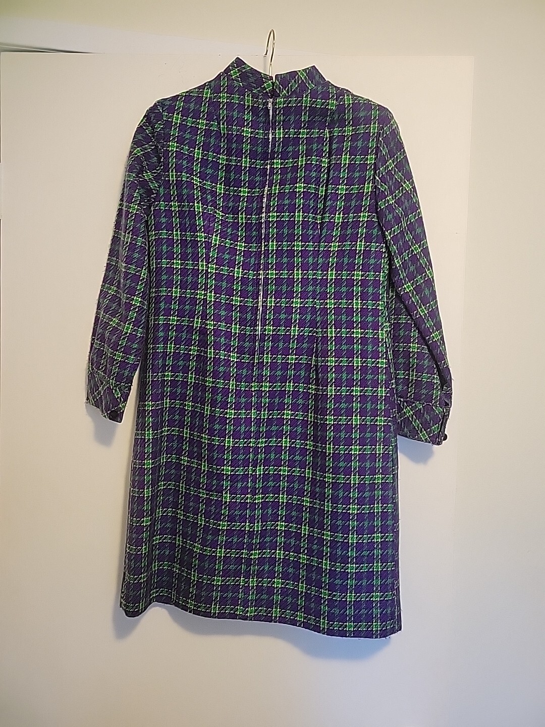 Vintage 60s/70s Lilly LONDON Purple Green Plaid Mini Twiggy 36 Long Sleeve