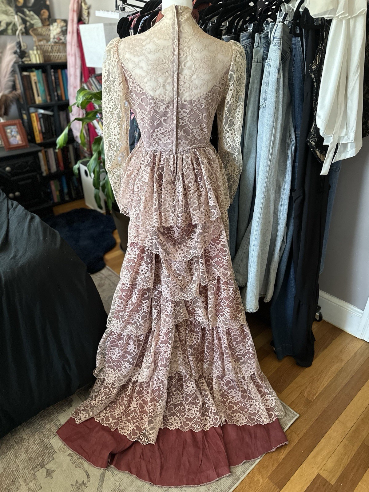 Vintage Union Tag Lace Gown With Beaded Details And Bustled Train