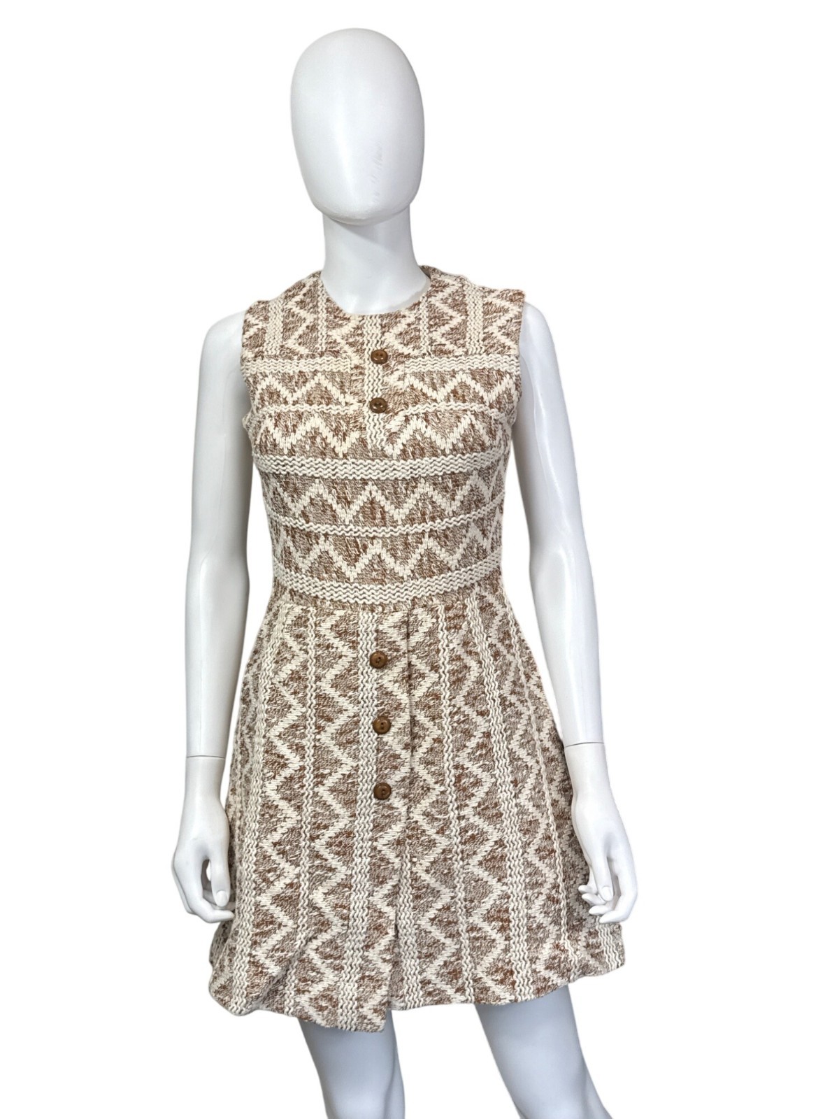 Vintage Sleeveless Button-Up Dress Sz Small Brown & Cream Woven Chevron Pattern