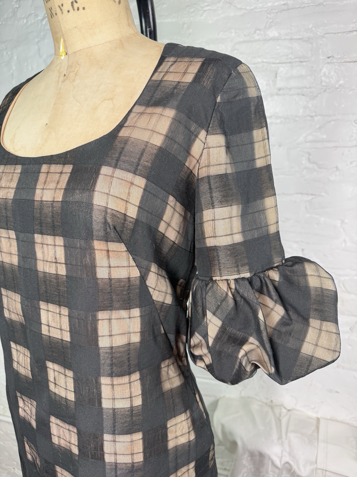 1960s Vintage Black & Nude Illusion Dress w Bubble Cuffs XS Candy Jrs
