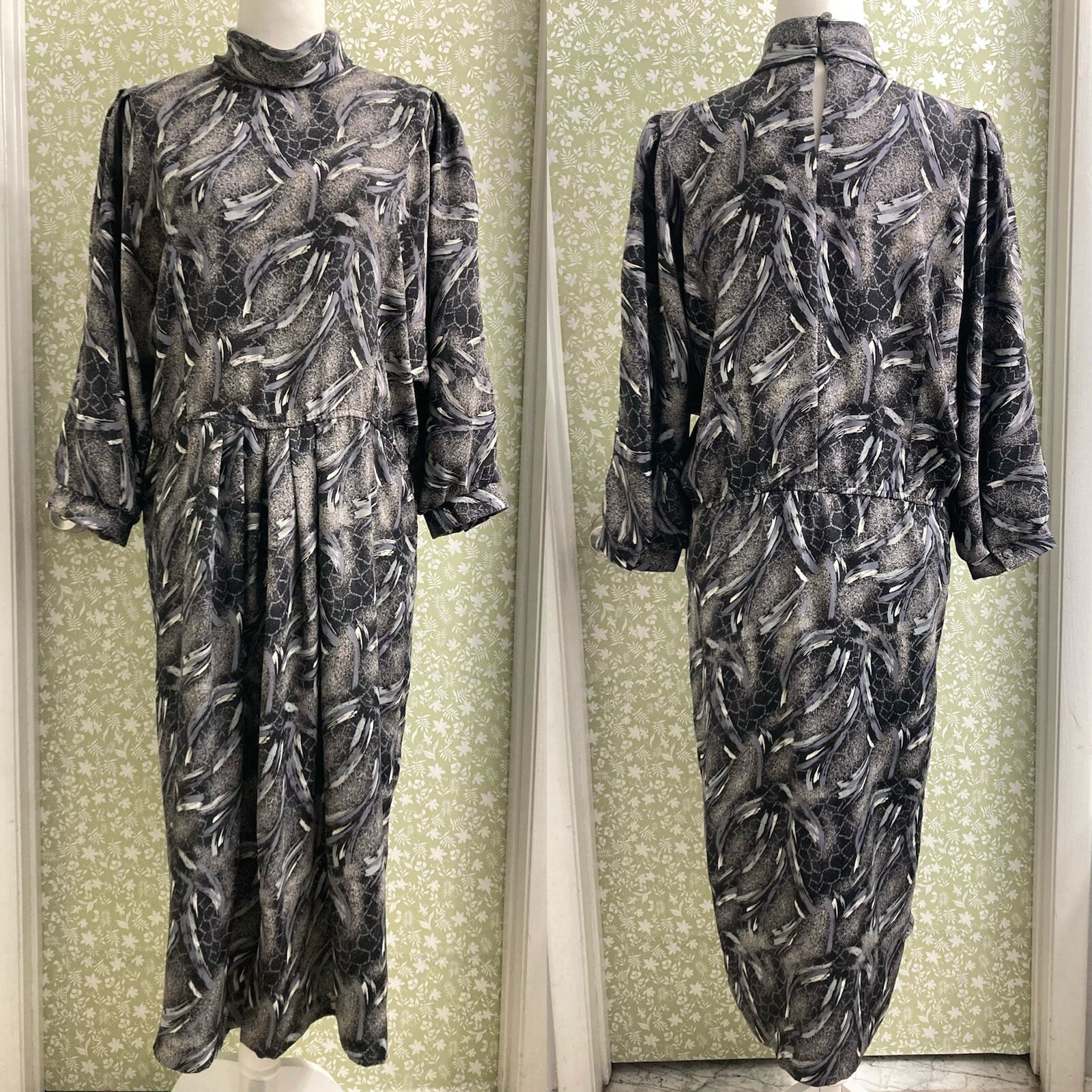 Vintage Von Bramlett L.A. N.Y. Size M 7/8 Black Gray Abstract Pattern Dress
