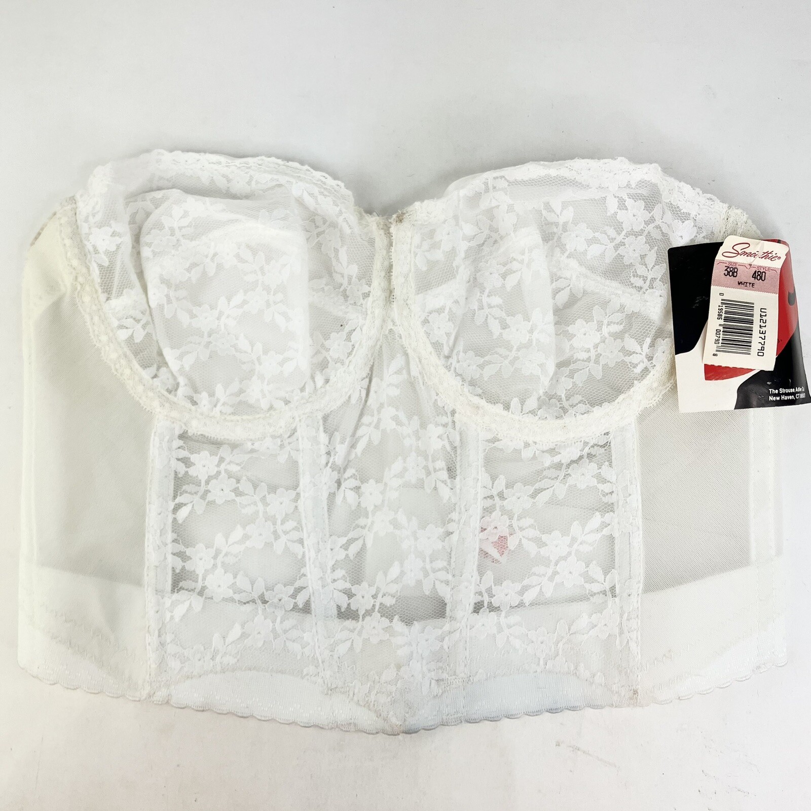 Smoothie Corset Bustier Bra Top Sheer Floral Lace Bridal Backless 38B Vtg NOS