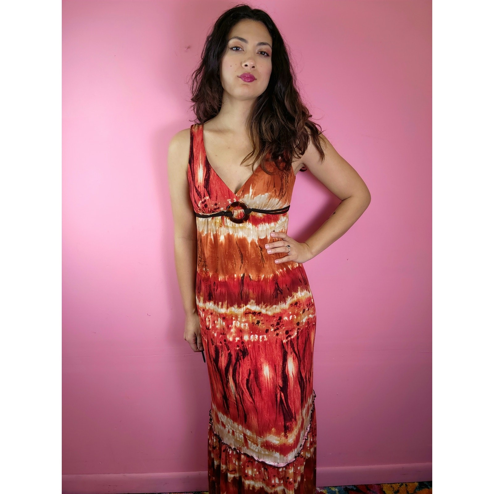 Vintage Y2K Fire Tie Dye Red Rust Brown Tortoise Shell Bead Maxi Dress by BCX