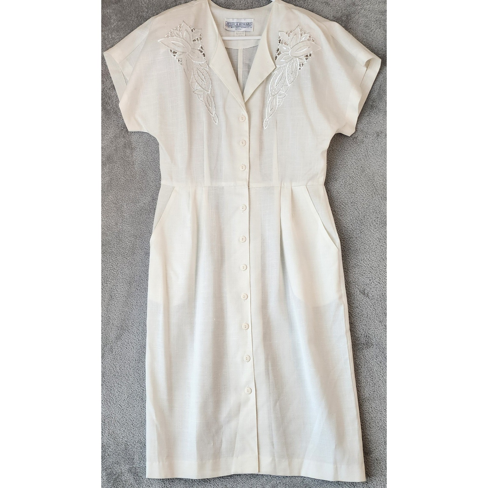 Jessica Howard Dress Womens Size 12 Cream Embroidered Button Front Vintage Midi