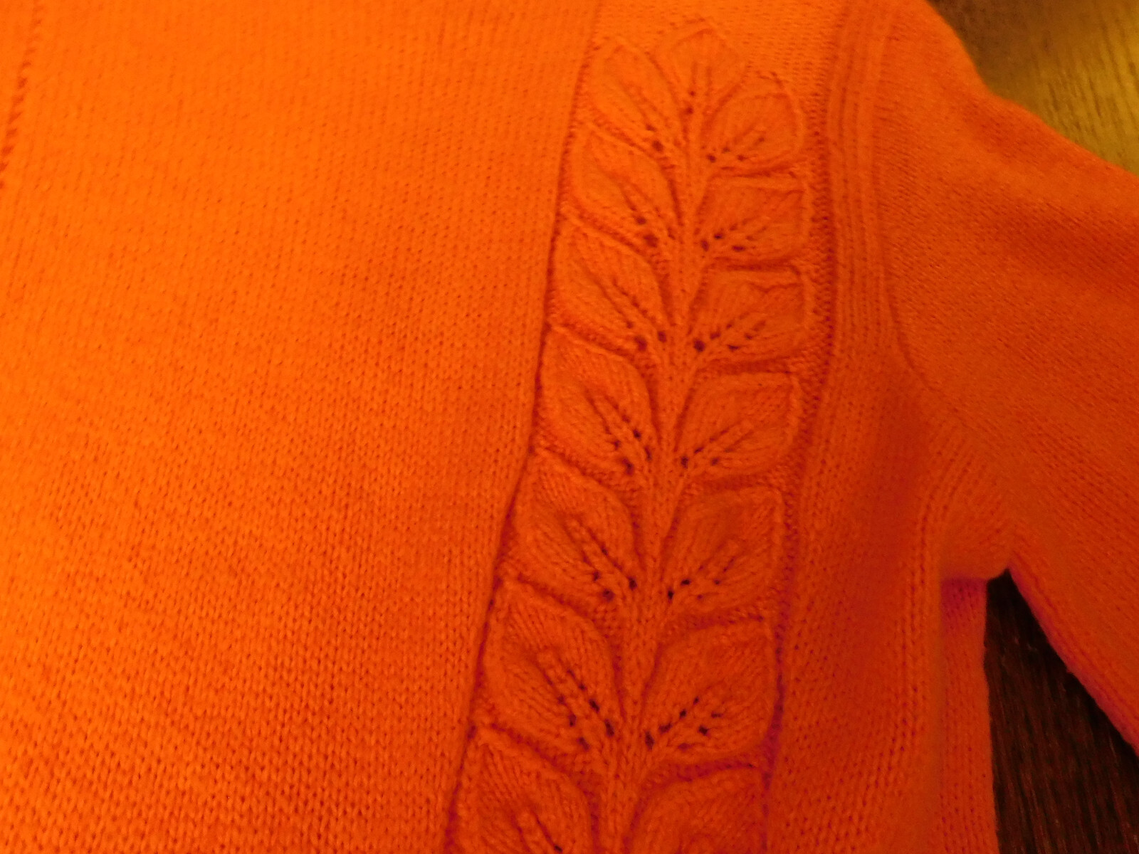 Vtg Hand Crocheted Knit Sweater Maxi Dress Orange Leaf pattern trim FAB Med OOAK