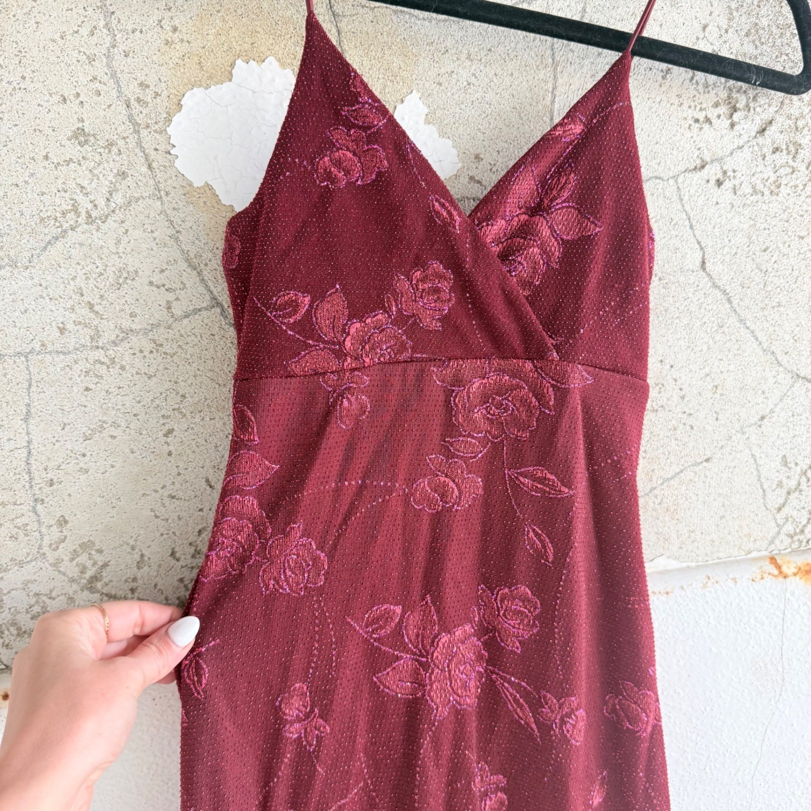 Vtg 90s Midi Dress Floral Asymmetrical Burgundy Glitter My Michelle S USA Made