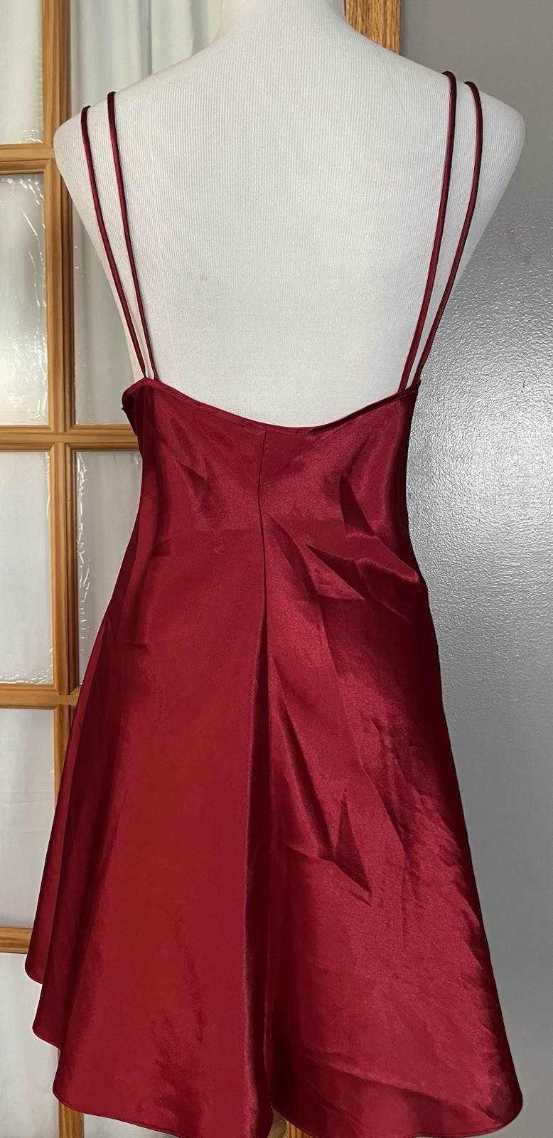 Vtg 80s Delicates Satin Nightie Sleepwear Sz L Red Lace Trim Slit Straps Sexy