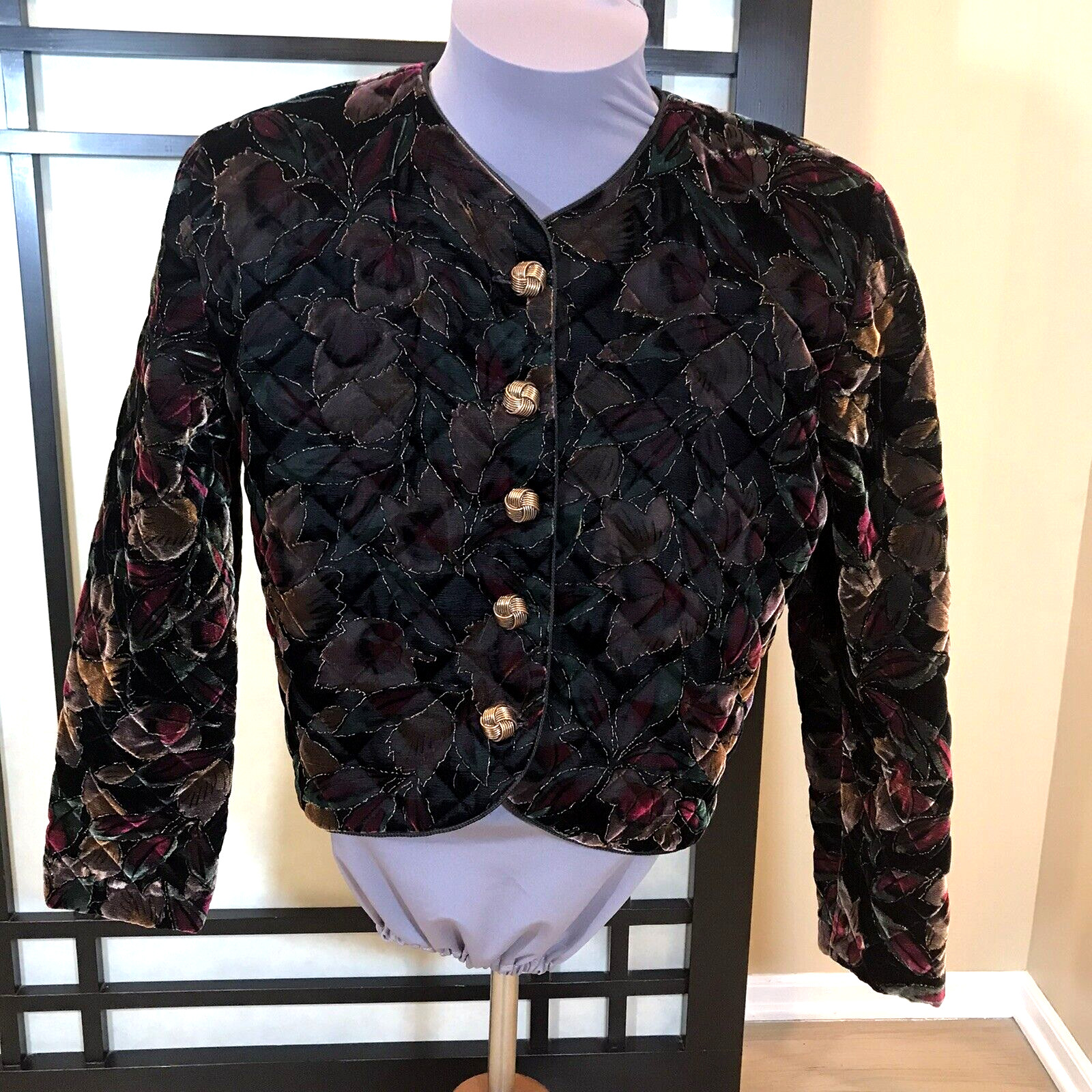 1990s Greg Adams Quilted Jacket Blazer Dark Floral Gold Velvet USA Made Size L