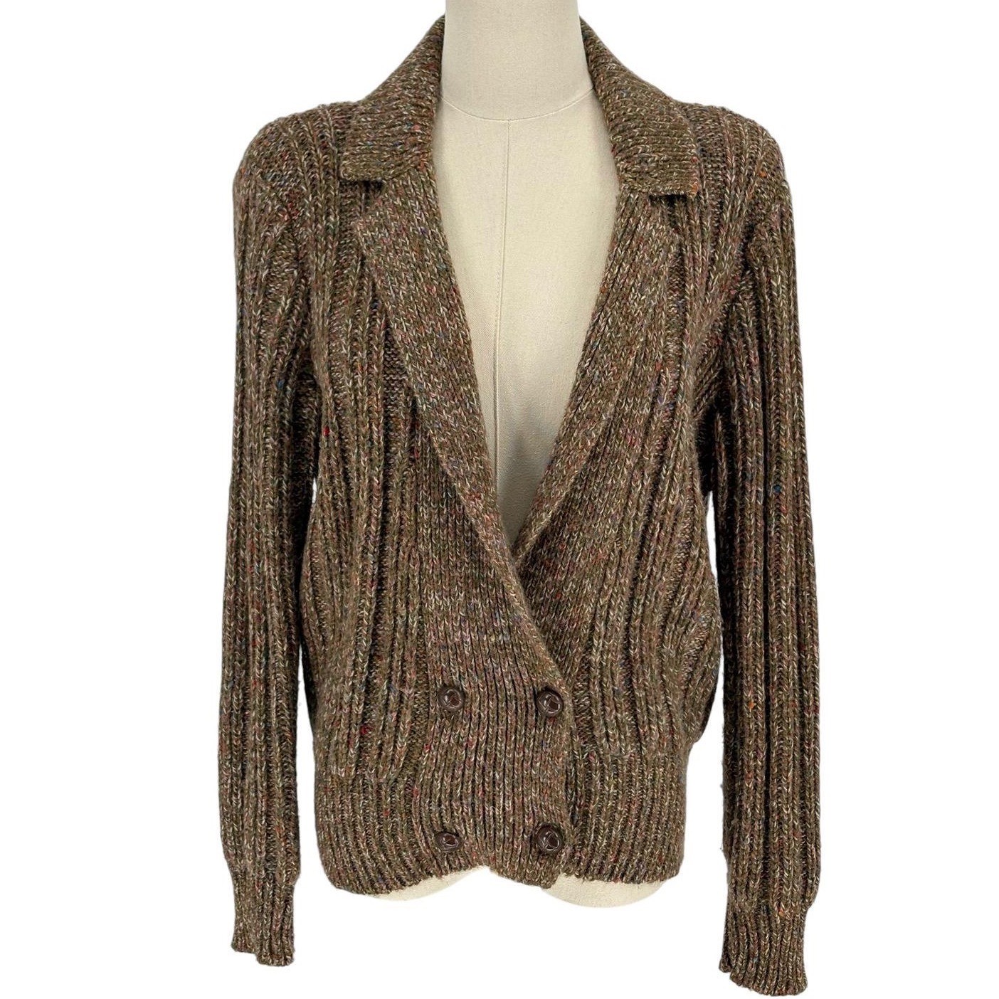 Vintage Joyce Cardigan Brown Multi Double Breasted Ribbed Shoulder Pads