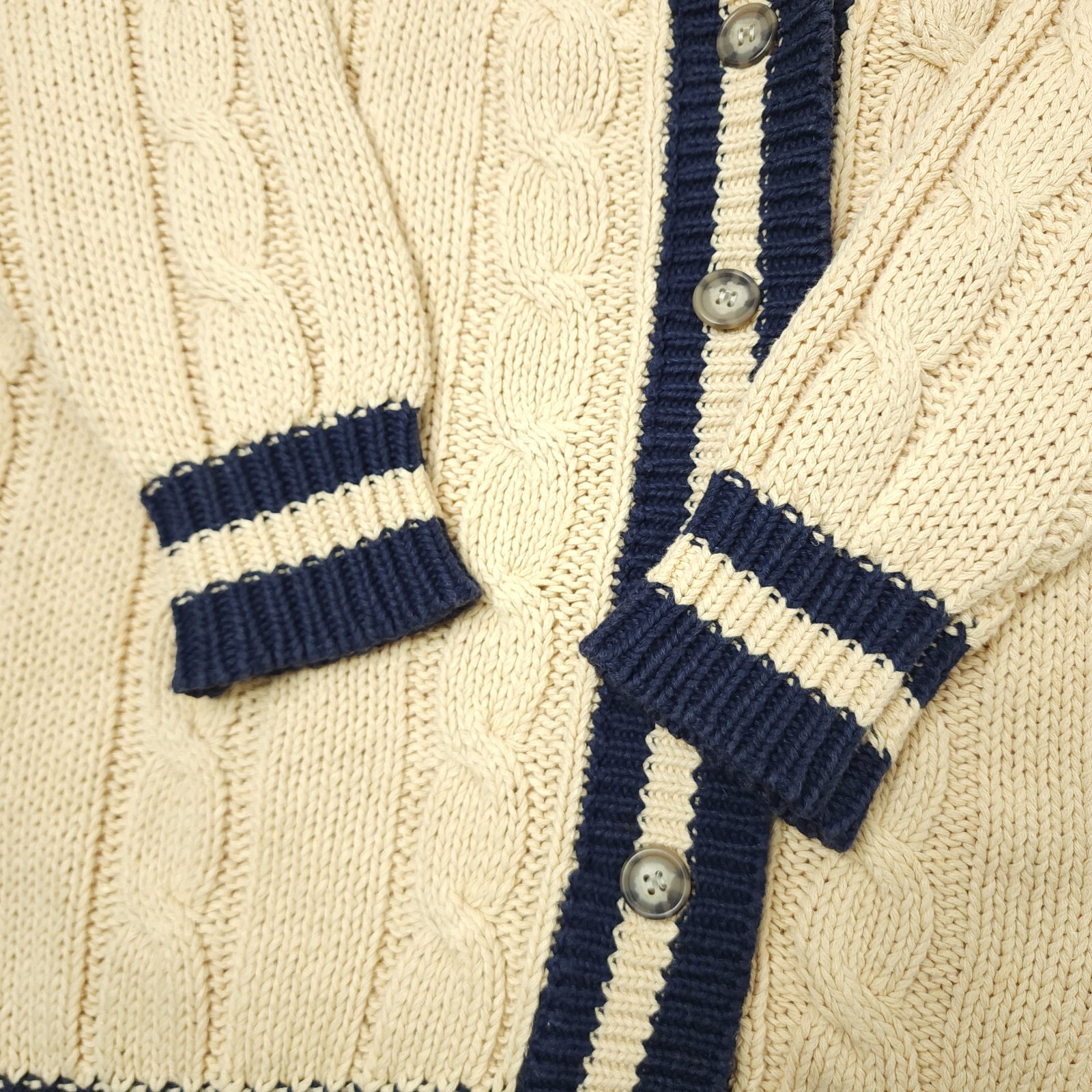 Vintage Chequers Fisherman Cable Knit Cardigan Womens Large Linen Blend Sweater