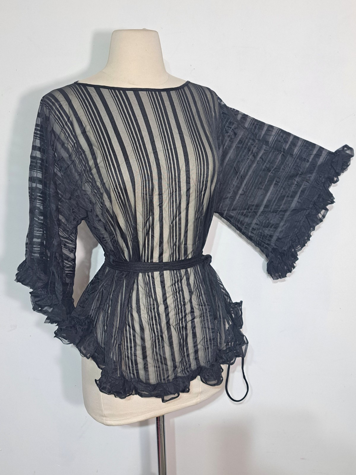 Vintage 1970s Black Sheer Stripe Pajama Set Sz S Shirley of Hollywood Ruffle
