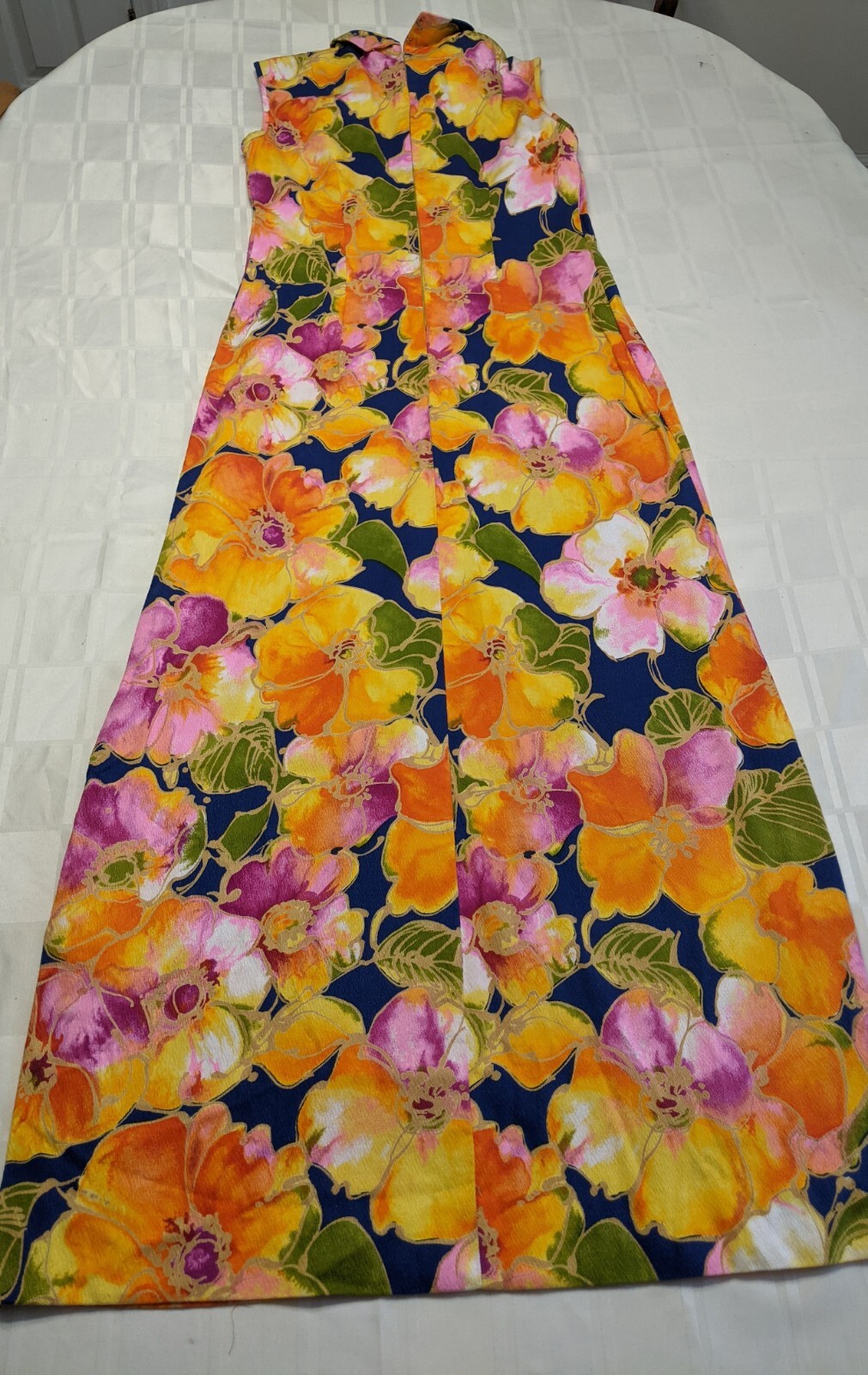Vtg muumuu Barkcloth Long Dress Tiki Island Casuals Waikiki Hawaii S M Orange