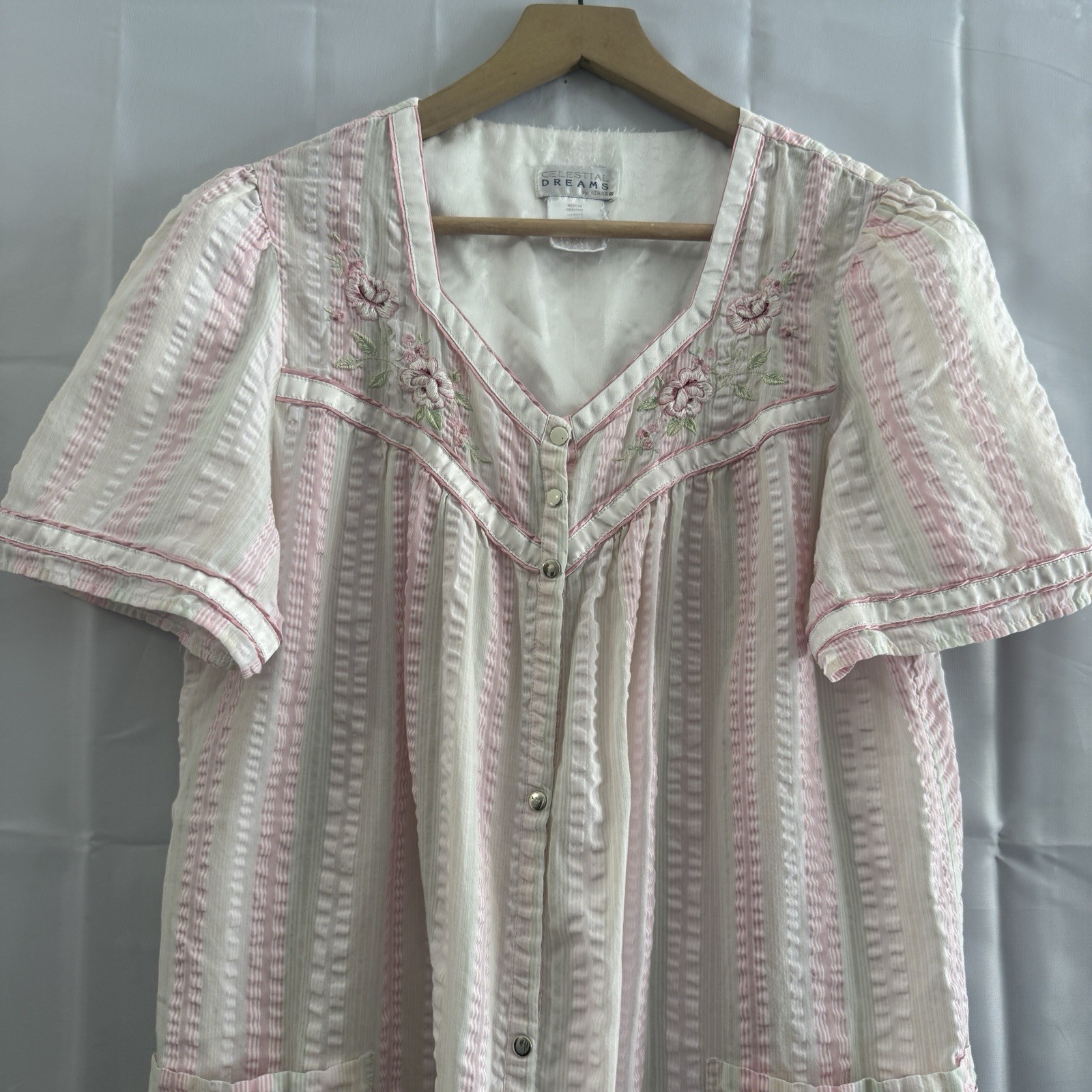 Vintage Seersucker House coat Dress Snap Front Pockets M Cottagecore