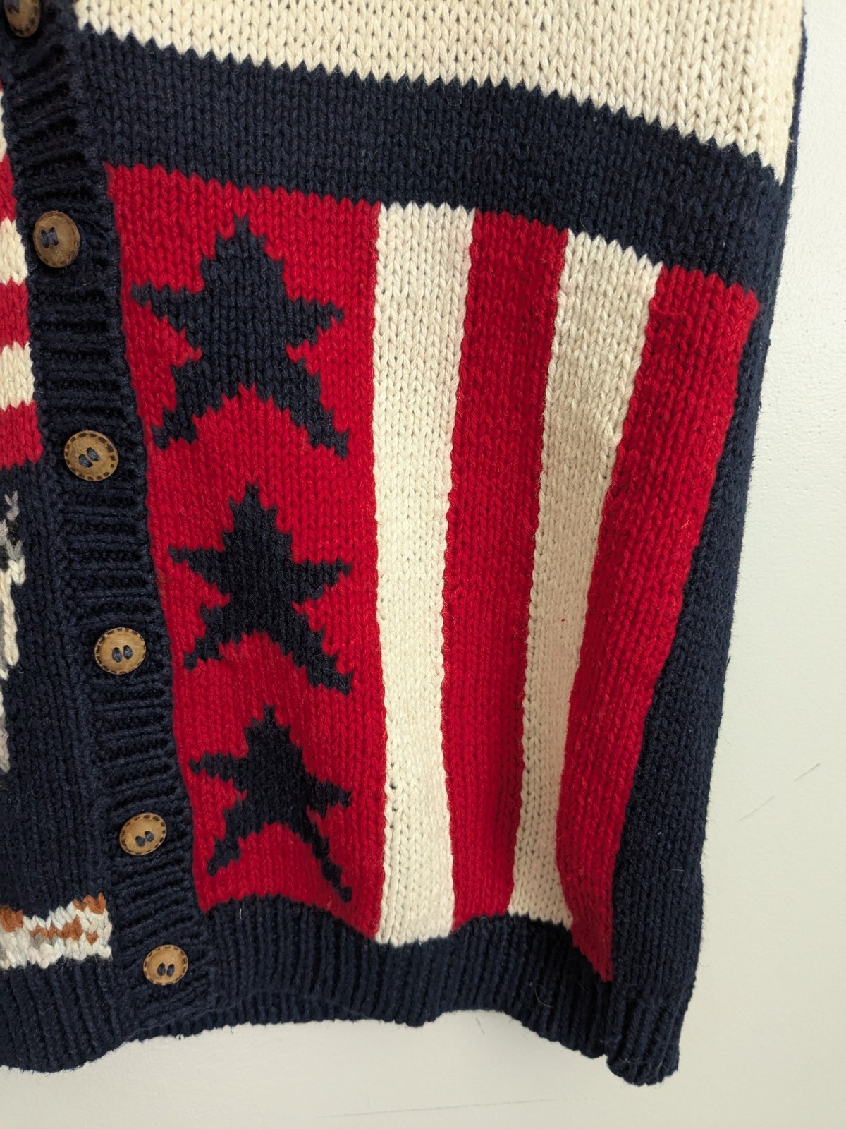 Vtg Eagles Eye Handknit Cotton Sweater Vest Patriotic USA Flag Eagle Womens S