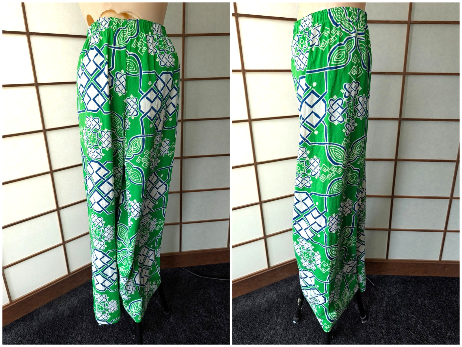 Vintage Nylon Palazzo Lounge Pajama Pants Elastic Waist Lingerie Green Blue M/L