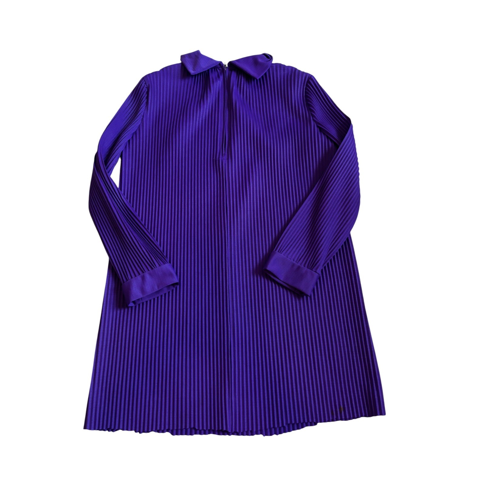Vintage 70s Accordion Pleated Tunic Dress Med Purple High Neck Mod Disco Retro
