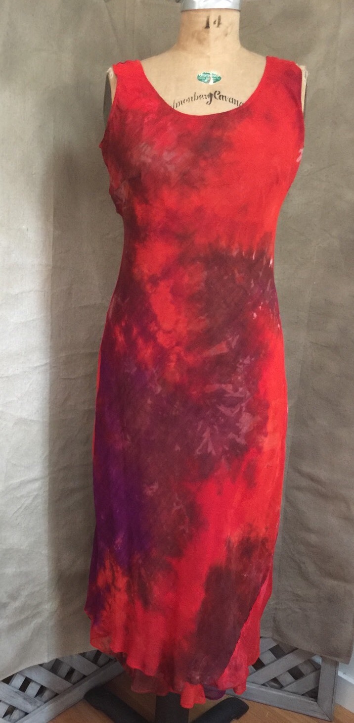 Vintage TIE DYE BIAS-CUT MAXI Tank Dress Red Purple RAYON Watercolor S 6 PHOOL