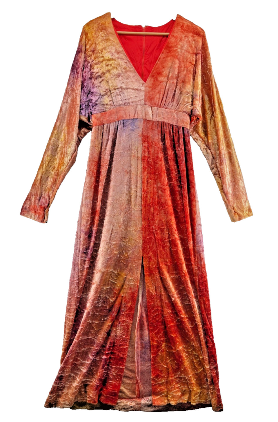 1970s Maxi Dress Vintage Disco Crushed Velvet Velour Orange Purple Size 16 Tag