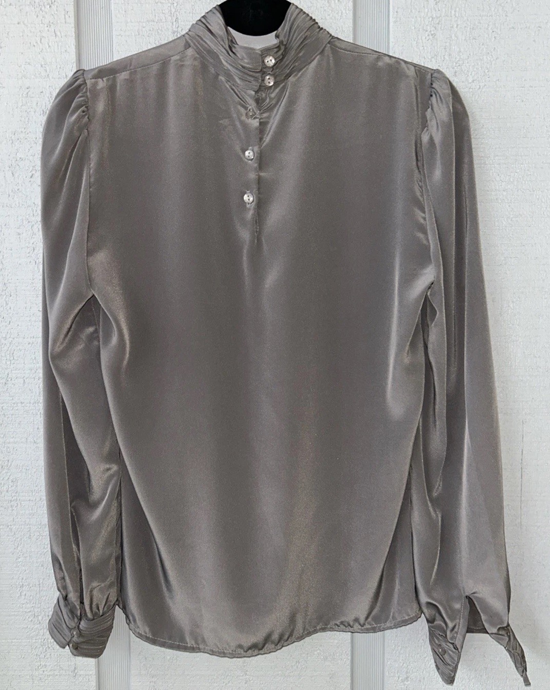 Anne Kriste Vintage High Neck Puff Sleeve Blouse Gray Satin Modest Dark Academia