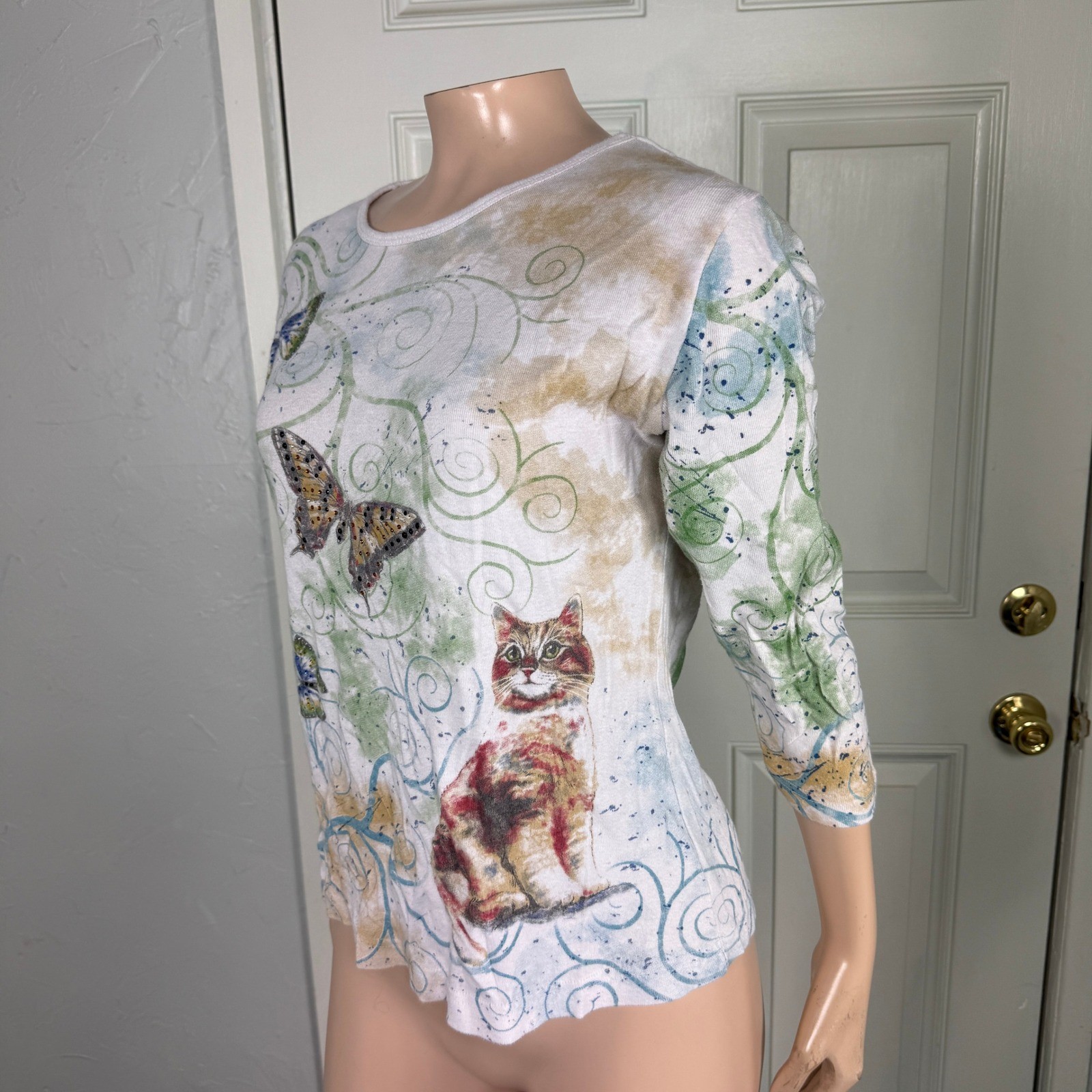 Vintage Y2K Shirt Endless Designs Cotton Baby Tee Knit Small Cat Butterfly F3-17
