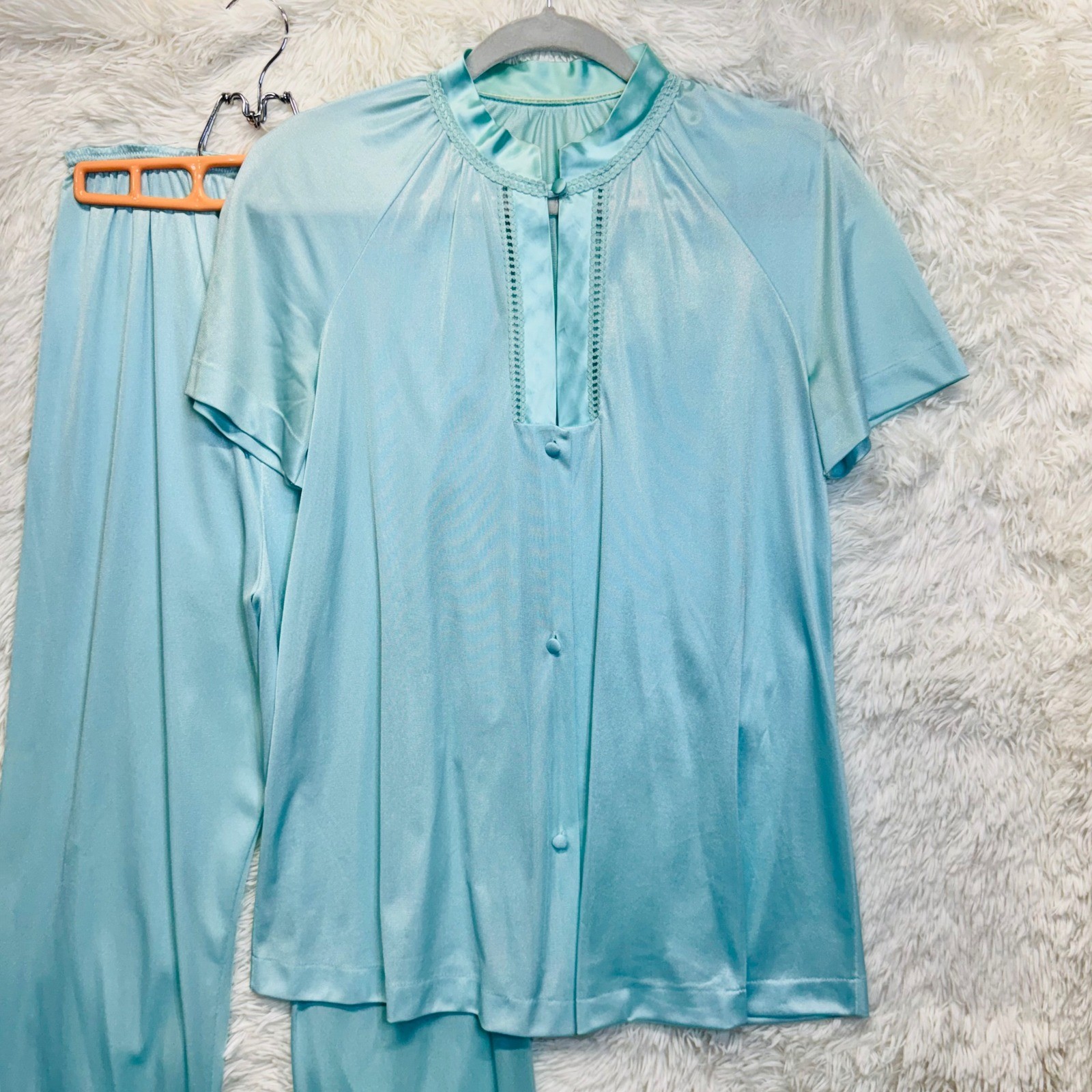Vintage Gossard Blue Satin Pajama Set Small ILGWU Union Made Loungewear