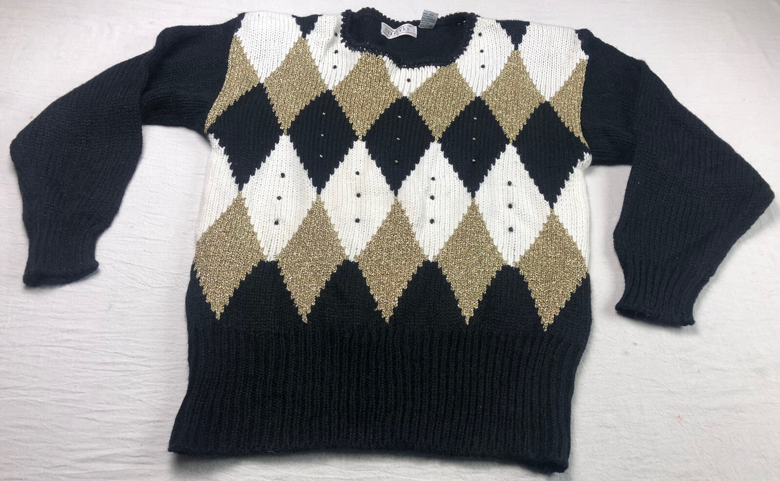 Maurada Sweater Geometric Glitter Gold Black White Woman Size XL Elegant