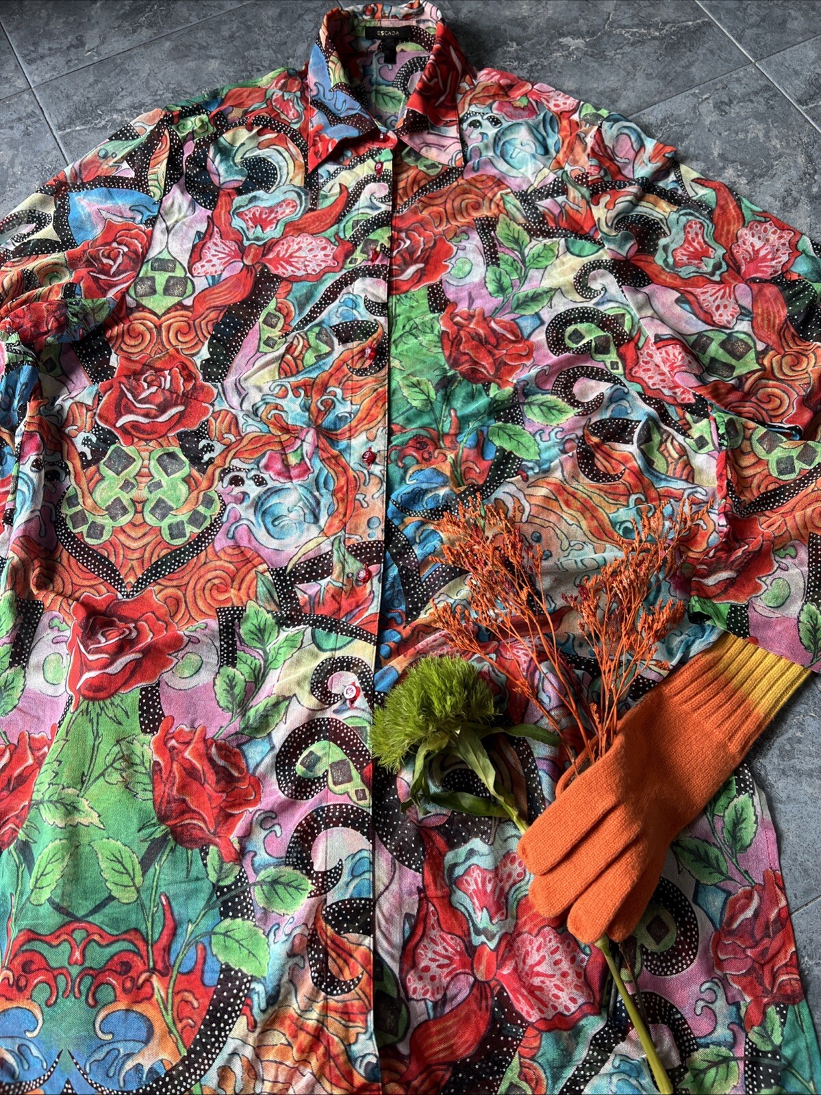 Escada Limited Edition 80s 90s Multicolored Floral Rose Ocean Wave Shirt Size 44