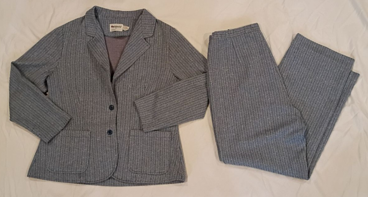 1970s Fire Islander Jacket Pant Suit Blue Herringbone Vintage Womens Sz 18 Geek