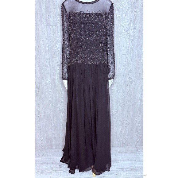 Vintage Ted lapidus long sleeve beaded sequin maxi dress silk 16 evening gown