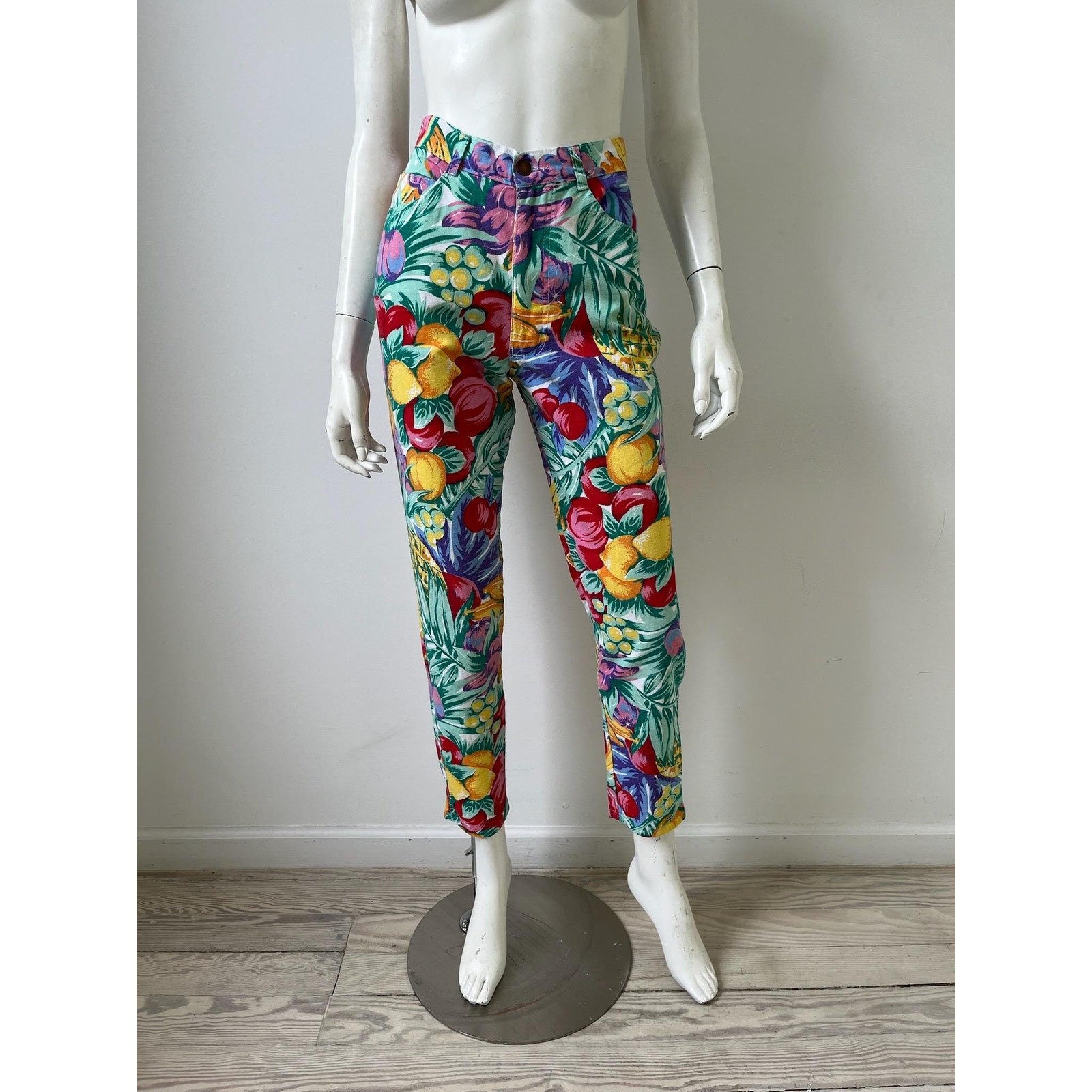 1990s Pants / 90s Rainbow Fruit Print Jeans / Small 25” Waist