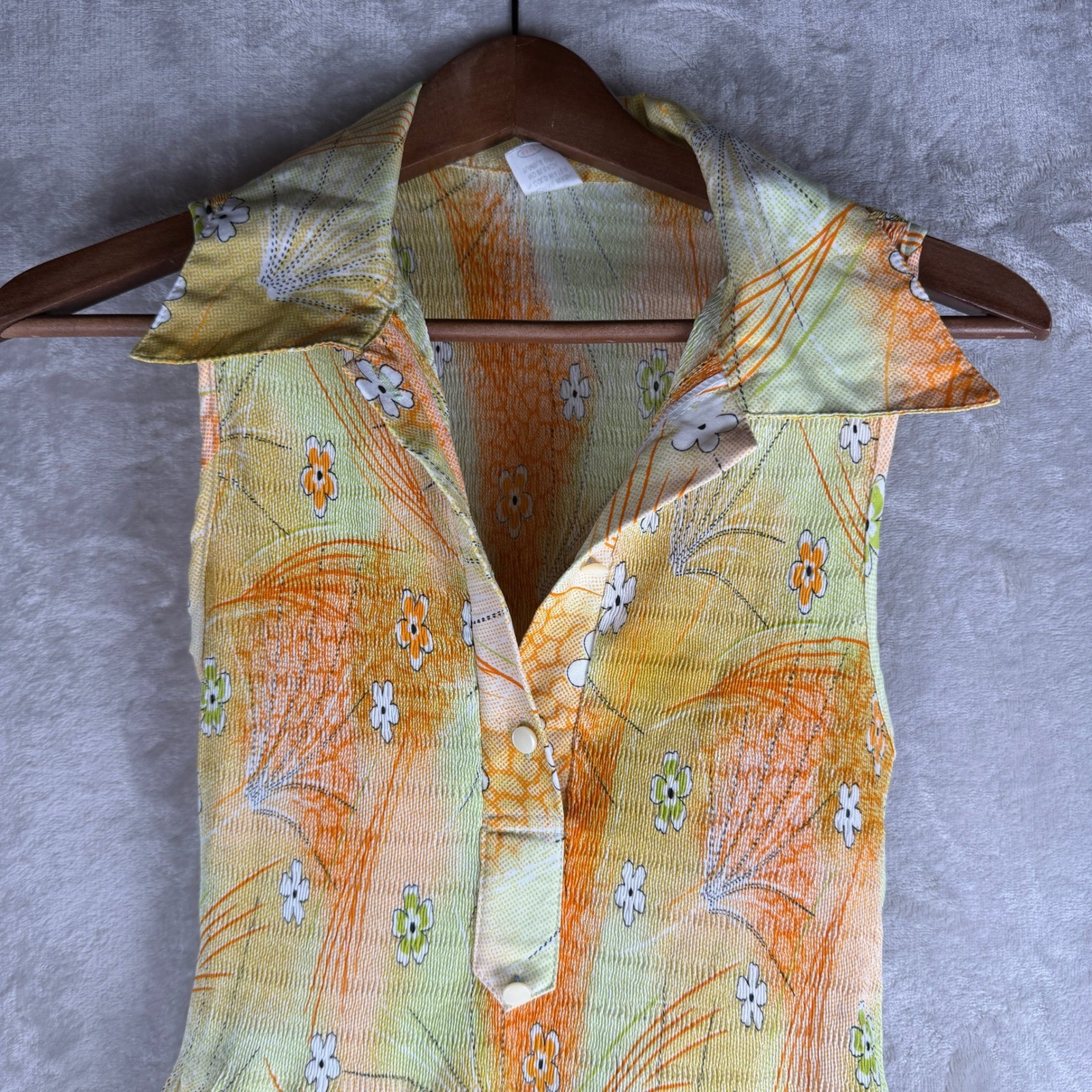 Boho soft girl Vintage 70s Floral Plisse Sleeveless Midi Dress Orange Yellow