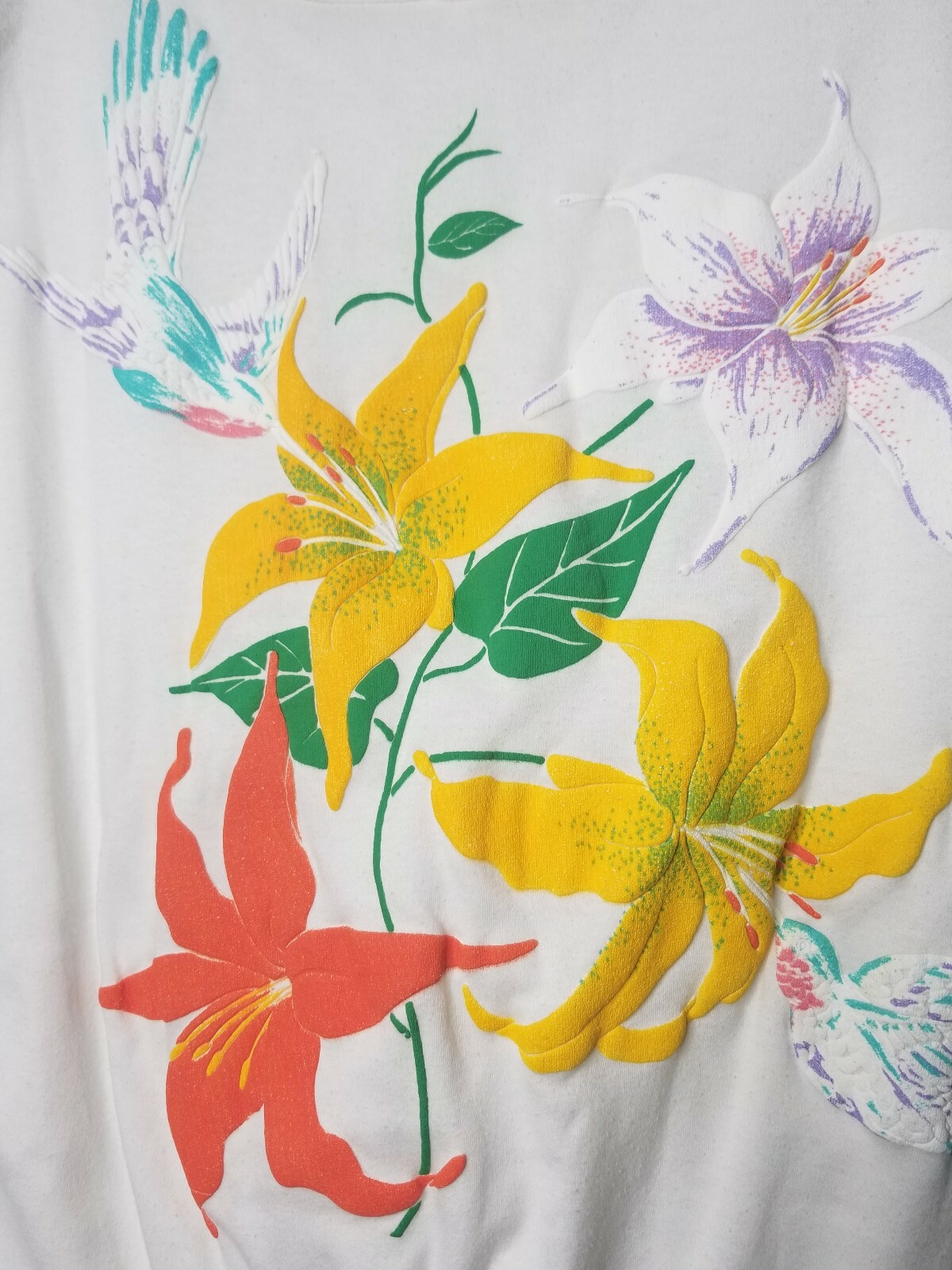 Vintage Womens M 80’S JANE COLBY White Puff Paint Floral Hummingbird T Shirt