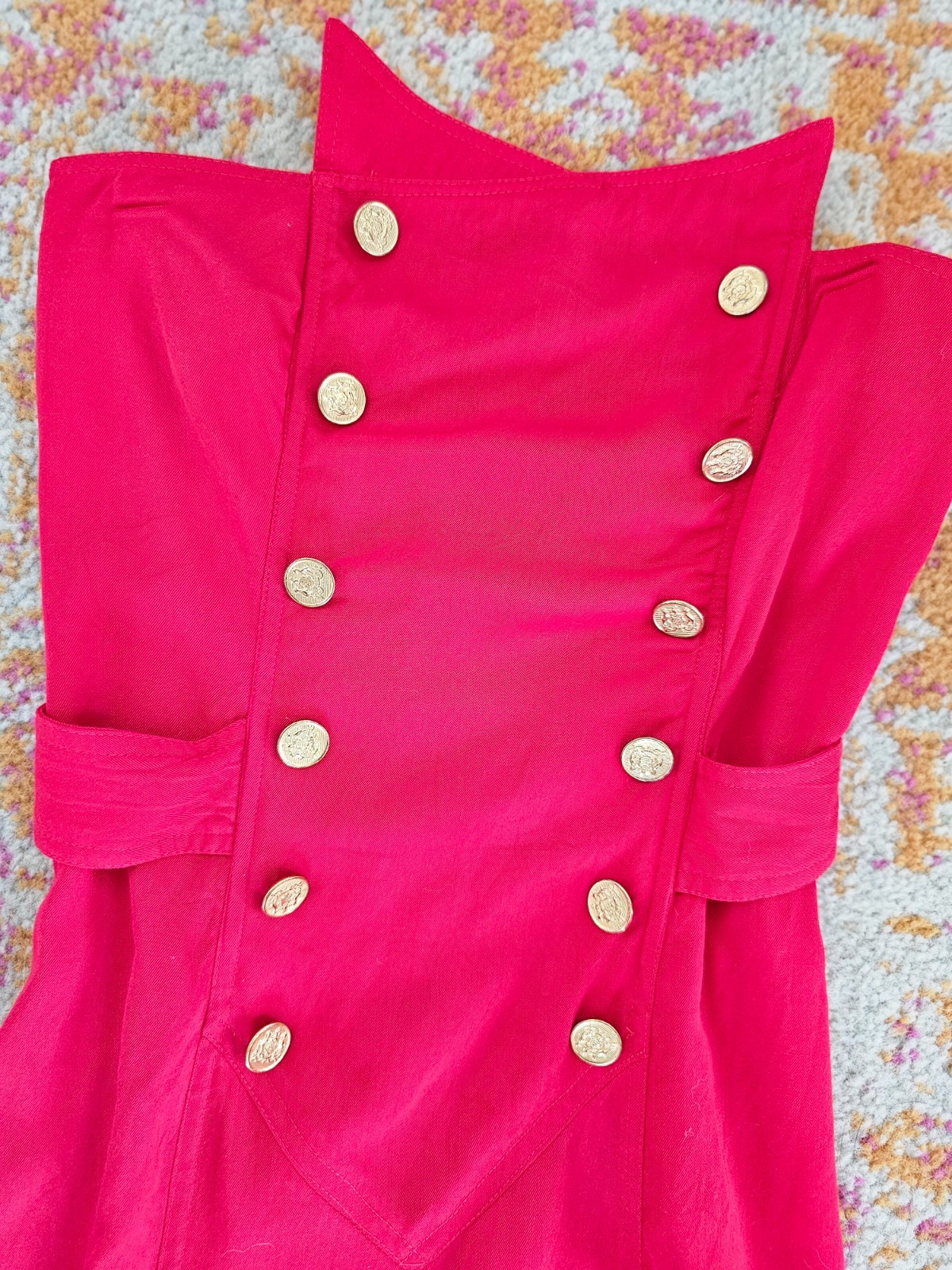 Vintage 80s Red Strapless Holiday Dress w/ Gold Buttons – La Belle – Small